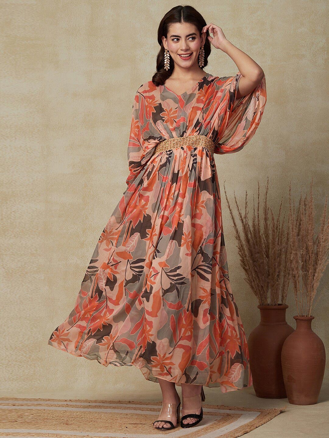 

FASHOR Printed V-Neck Kimono Sleeves Sequined Gathered Chiffon Fit & Flare Maxi Dress, Orange