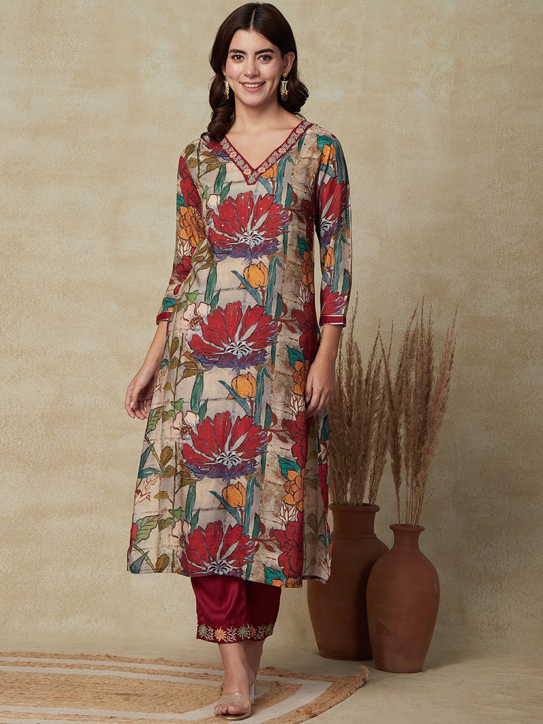 

FASHOR Floral Printed V-Neck Thread Work Straight Kurta & Trousers With Dupatta, Beige