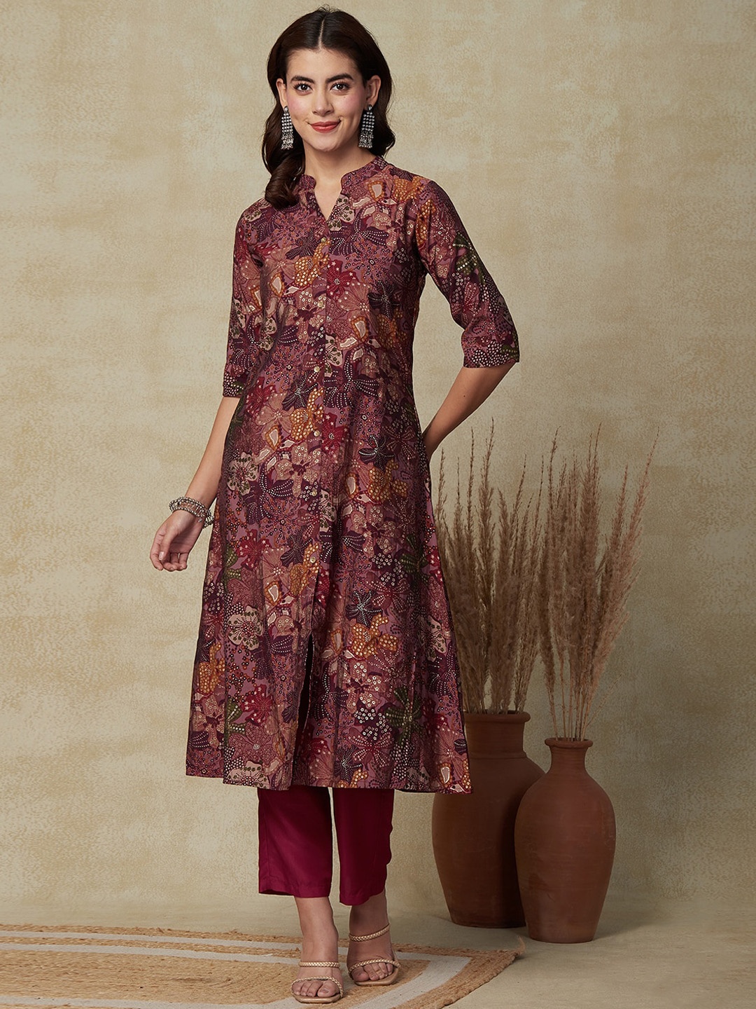 

FASHOR Floral Printed Mandarin Collar A-Line Kurta, Mauve