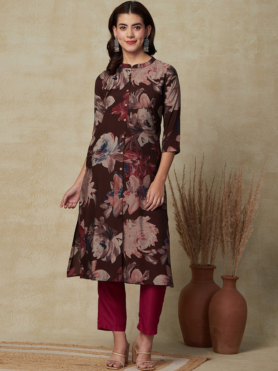 

FASHOR Floral Printed Mandarin Collar A-Line Kurta, Brown
