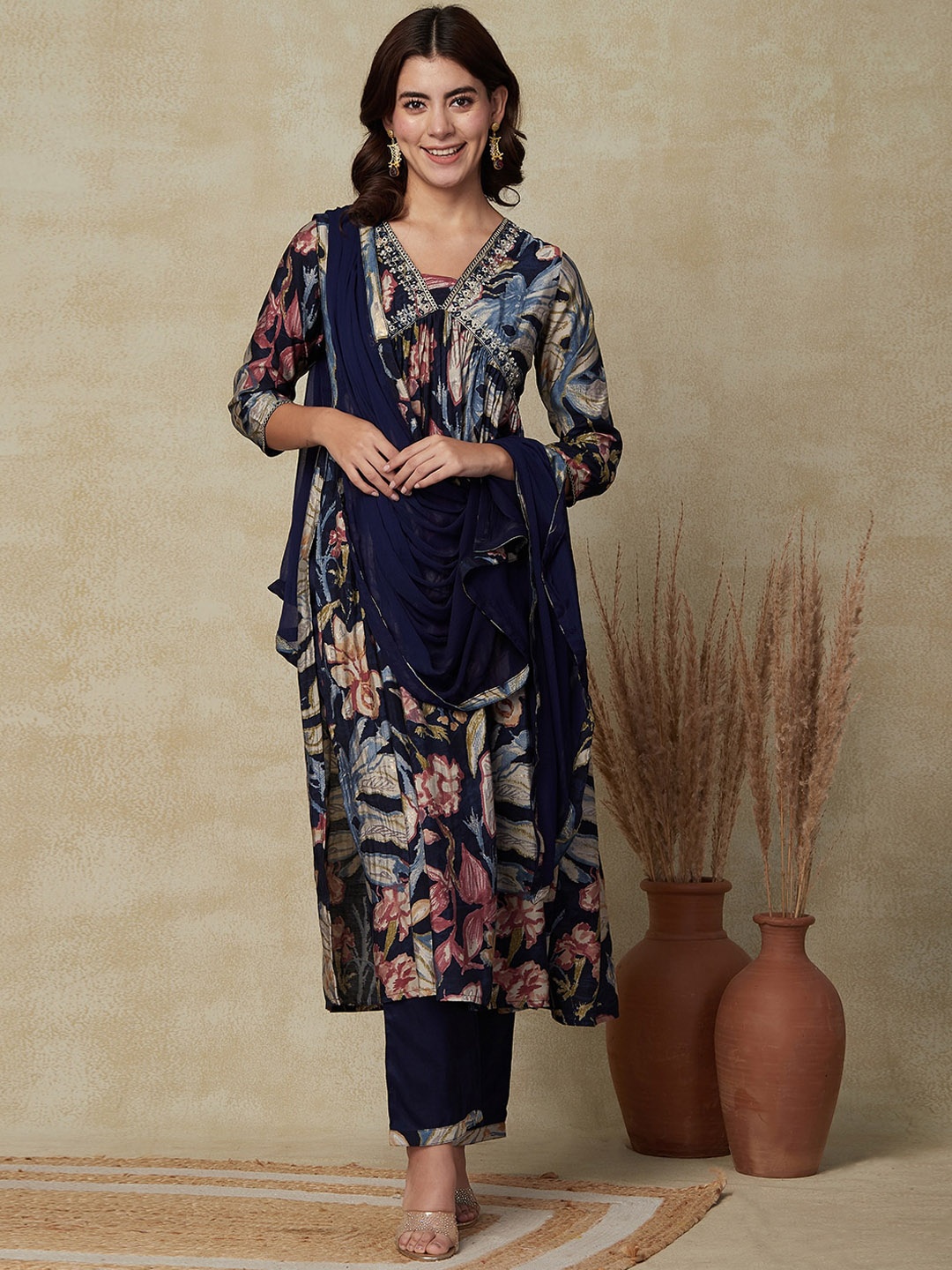 

FASHOR Floral Printed Pleated Beads And Stones Kurta With Trousers & Dupatta, Blue