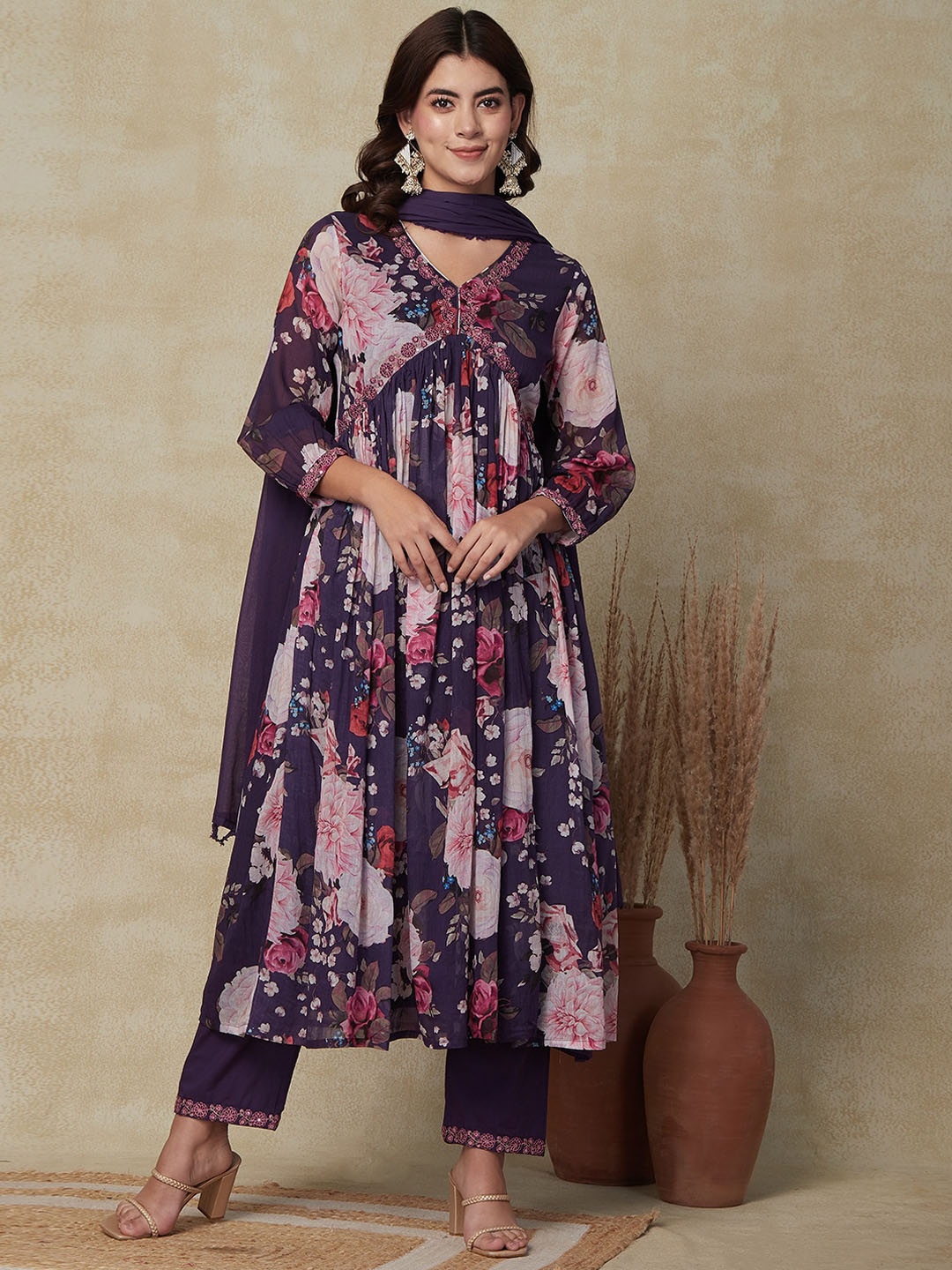 

FASHOR Floral Printed Empire Thread Work Pure Cotton Kurta With Trousers & Dupatta, Purple