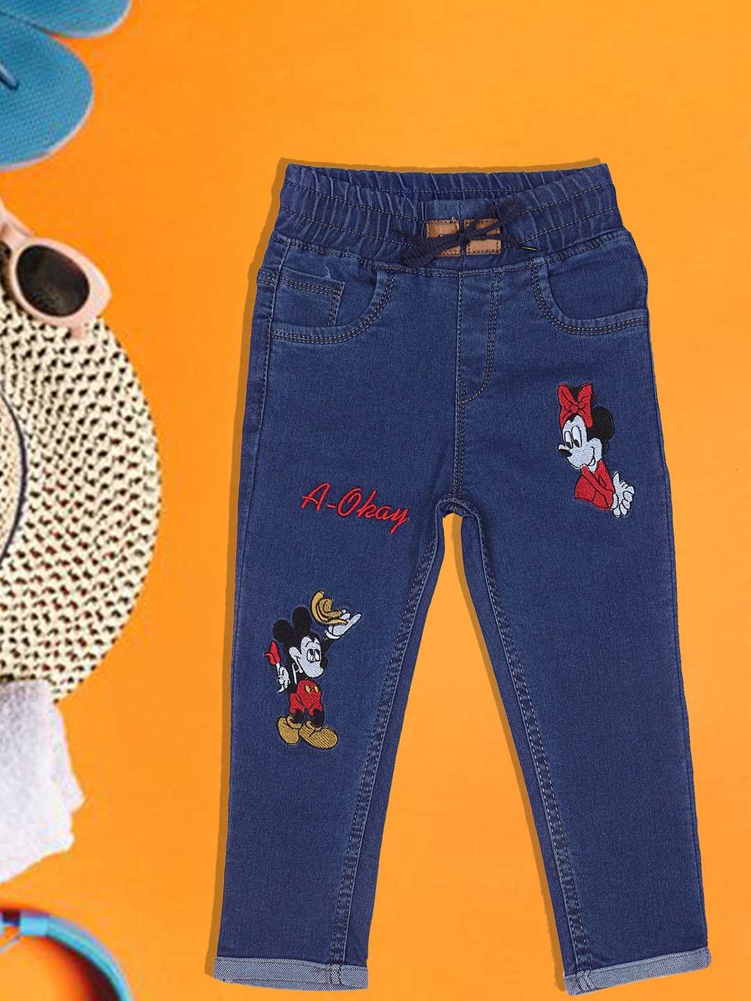 

A-Okay Boys Slim Fit Mid-Rise Mickey & Minnie Embroidered Cotton Denim Jogger, Blue