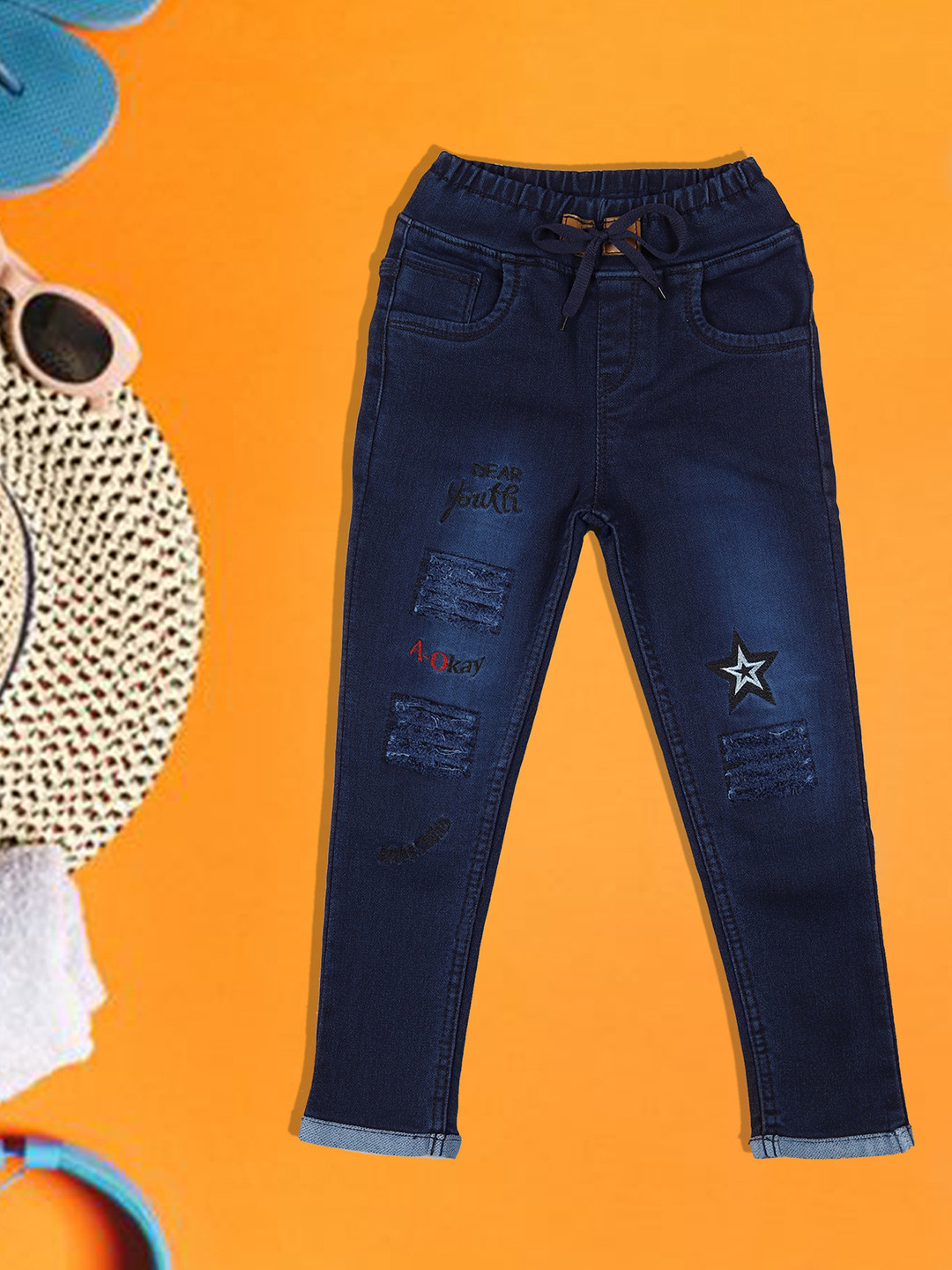 

A-Okay Girls Slim Fit Mid Rise Clean Look Denim Cotton Joggers, Navy blue