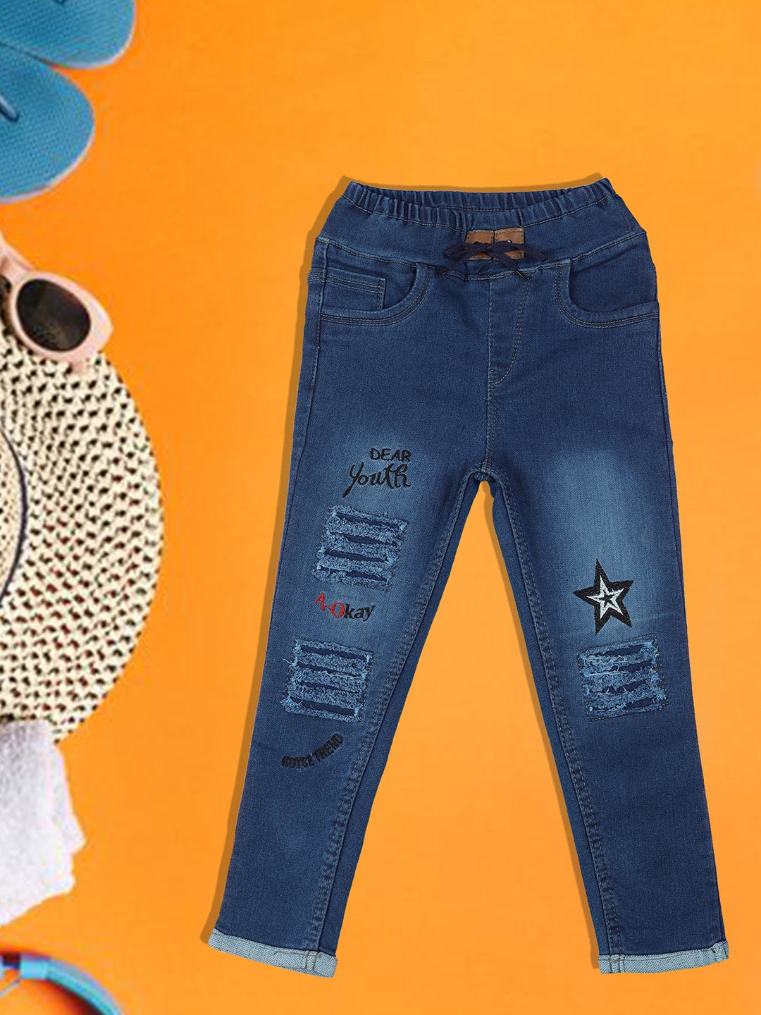 

A-Okay Girls Slim Fit High-Rise Travel Features Denim & Cotton Trousers, Blue