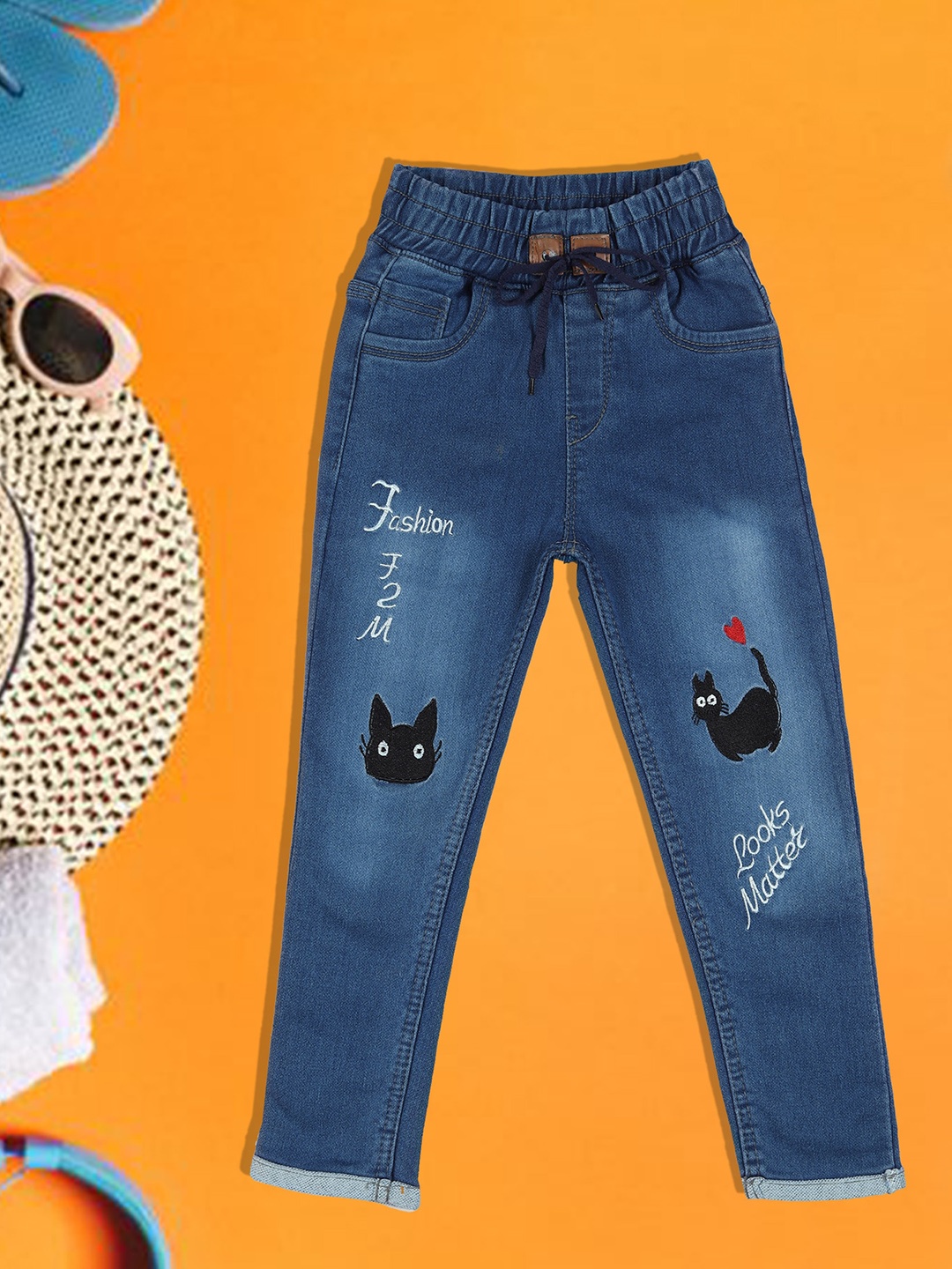 

A-Okay Girls Faded Slim Fit High-Rise Denim Joggers, Blue