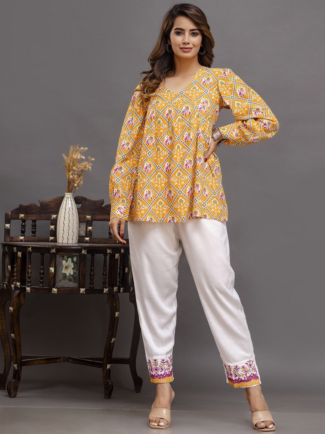 

Shedika Ethnic Motifs Printed V-Neck Pure Cotton Tunic With Embroidered Trousers, Mustard