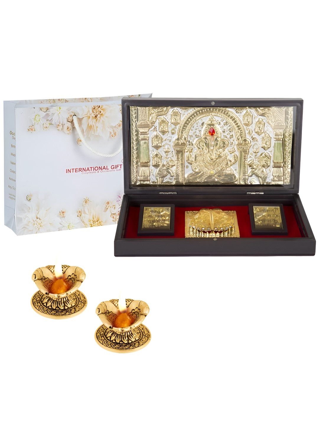 

INTERNATIONAL GIFT Gold Ganesh God Idol With Charan Paduka And Diyas