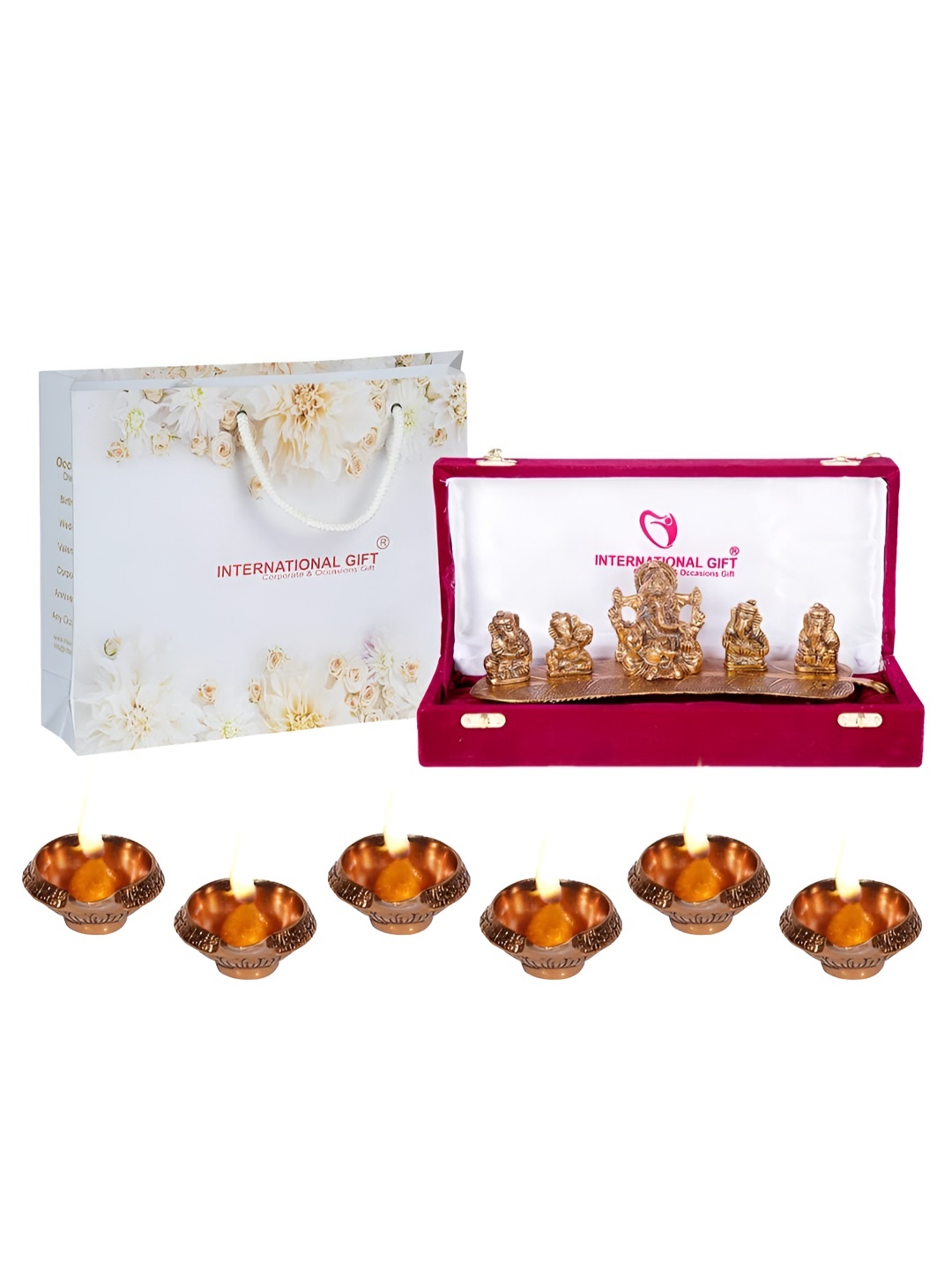 

INTERNATIONAL GIFT Brown Brass Ganesh God Idol & 6 Diyas Home Gift Set