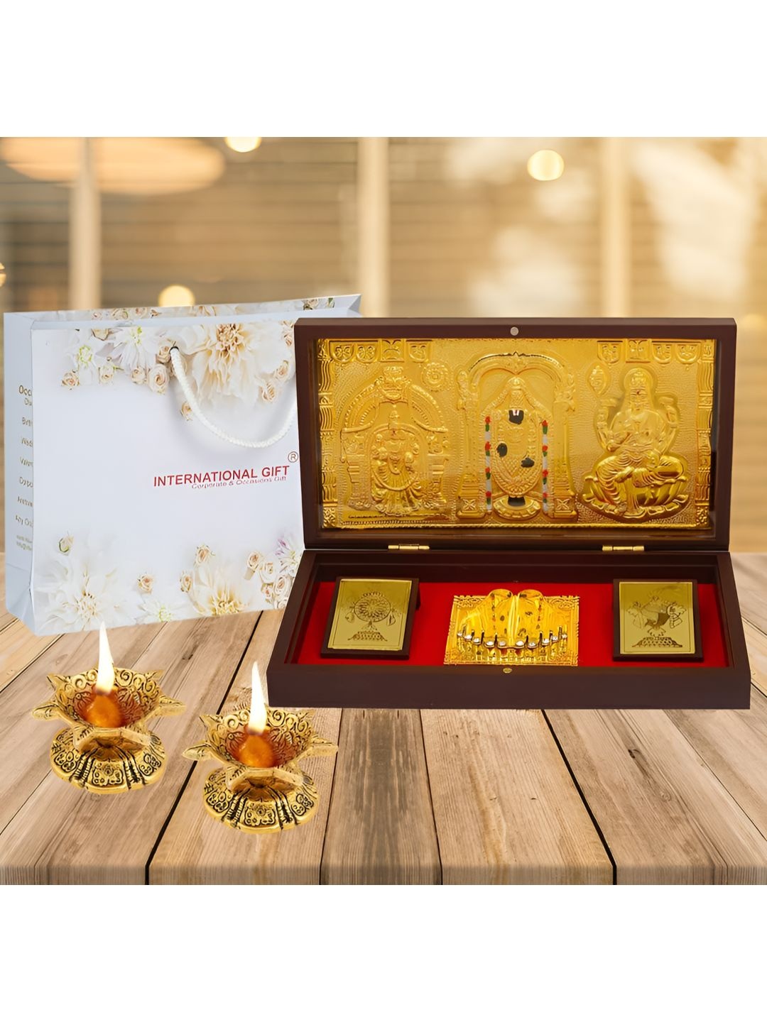 

INTERNATIONAL GIFT Gold Toned Balaji God Idol With Charan Paduka Home Gift Set
