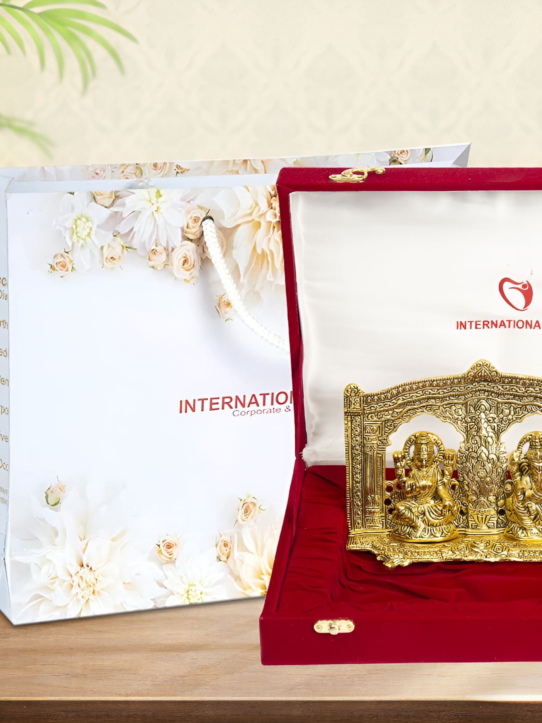 

INTERNATIONAL GIFT Golden Laxmi Ganesh God Idol Statue With Hand Diya Gift Set, Gold