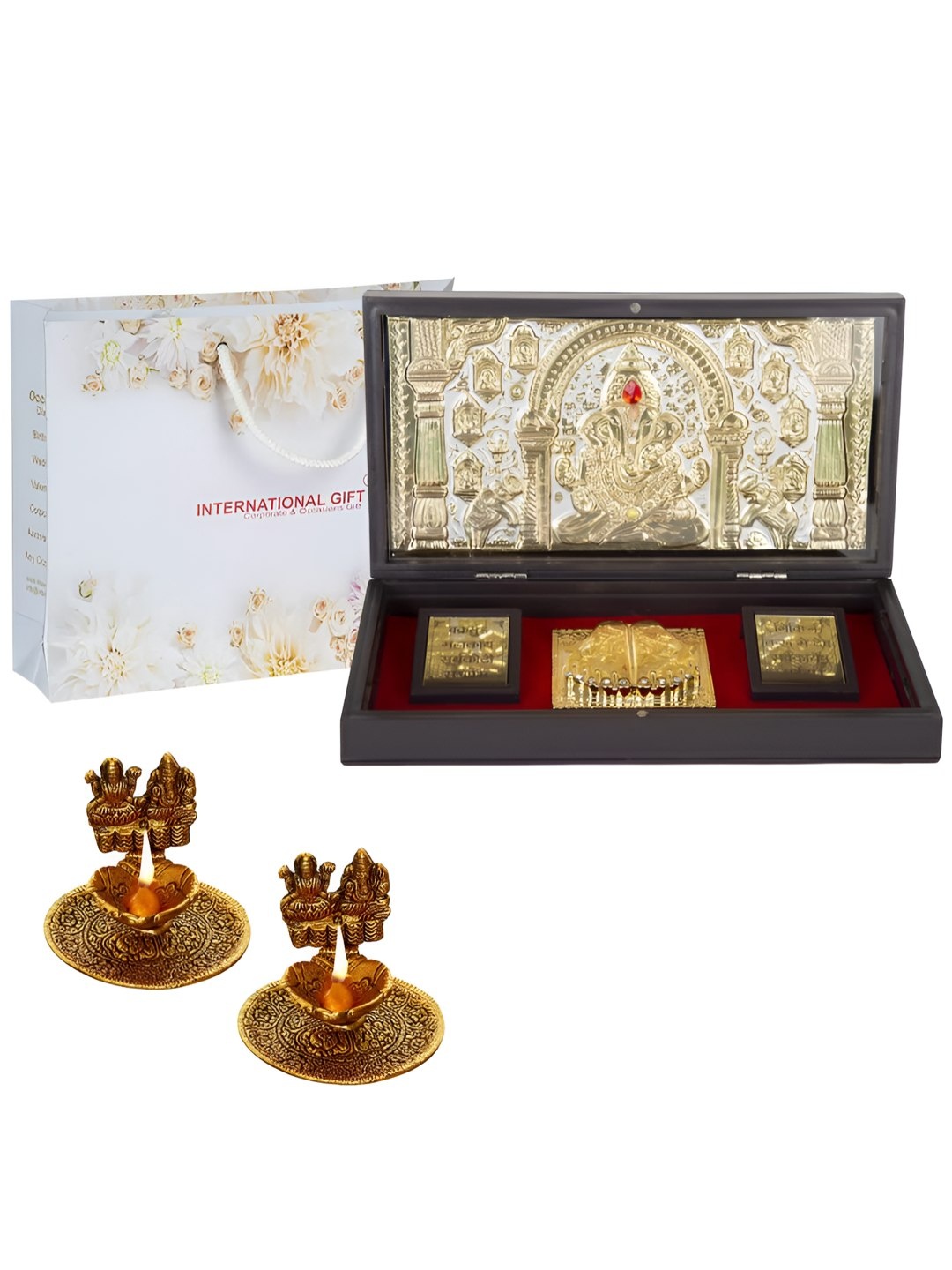 

INTERNATIONAL GIFT Gold-Plated Ganesh God Idol With Charan Paduka & Diyas Home Gift Set