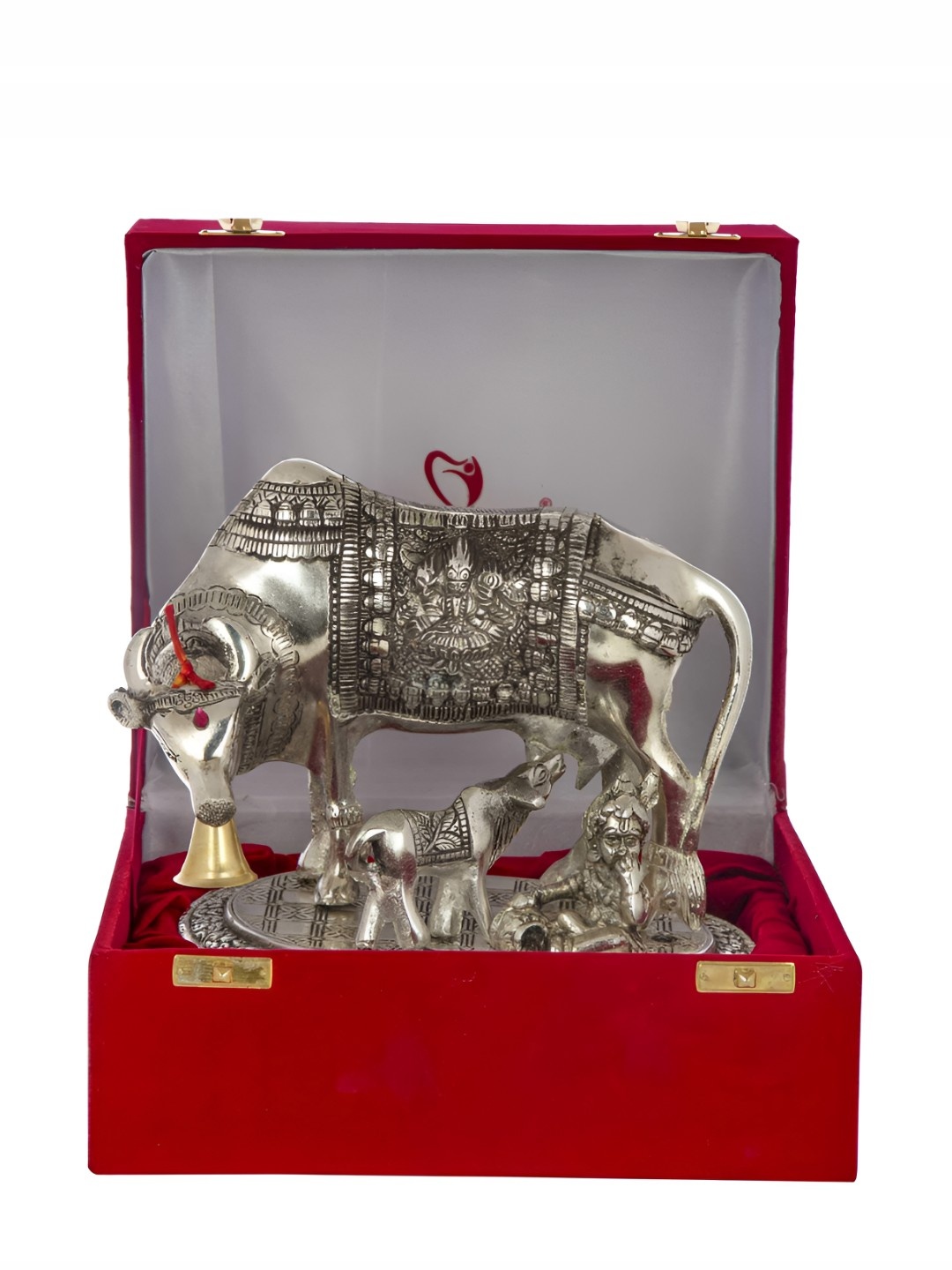 

INTERNATIONAL GIFT Silver Toned Kamdhenu Cow With Calf & Laddu Gopal Statue Home Gift Set