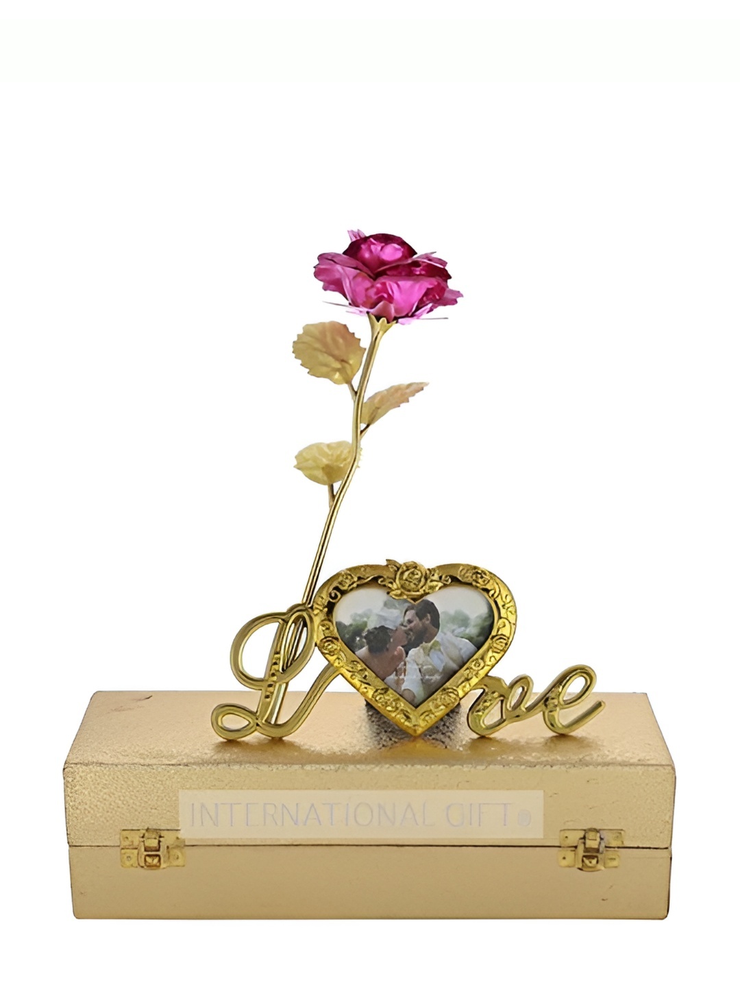 

INTERNATIONAL GIFT Pink & Golden Rose Flower With Leaf Gift Set