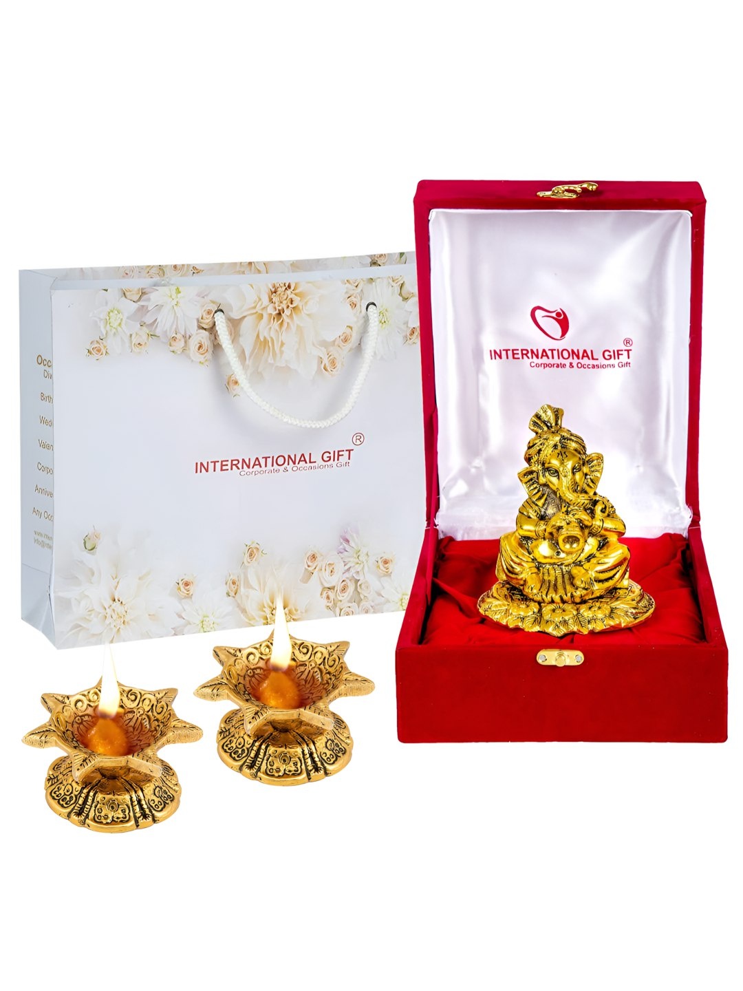 

INTERNATIONAL GIFT Gold-Toned Ganesh Idol With Shehanais & Diyas Gift Set