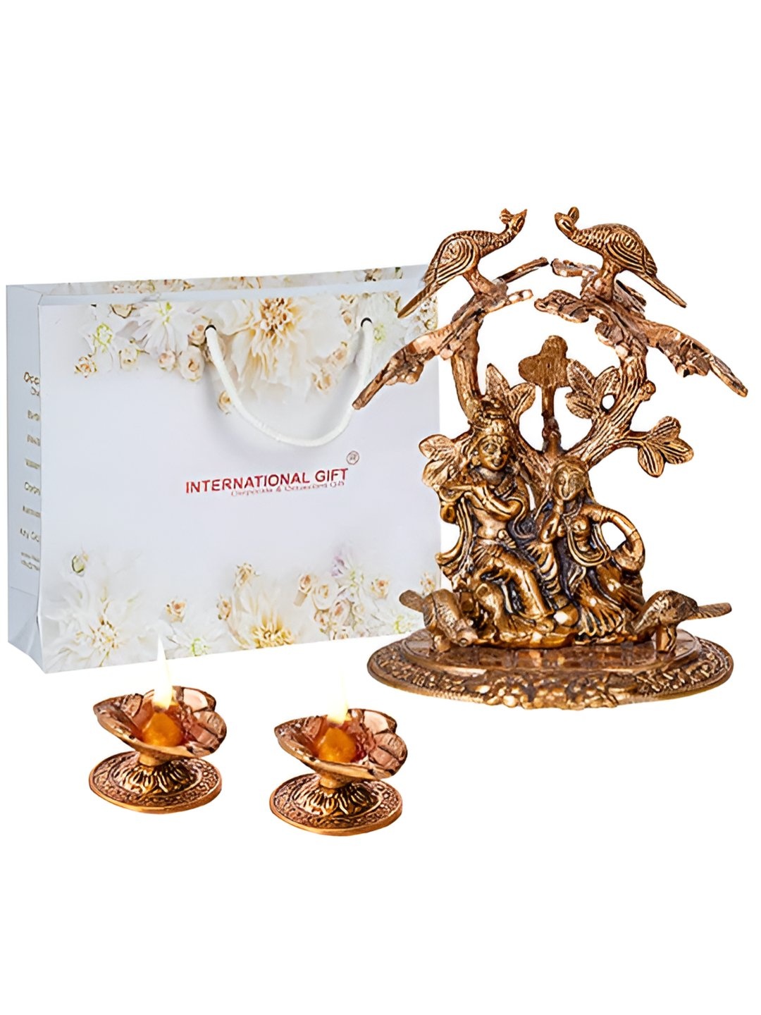 

INTERNATIONAL GIFT Brown Radha Krishna Tree Statue With Diya Set