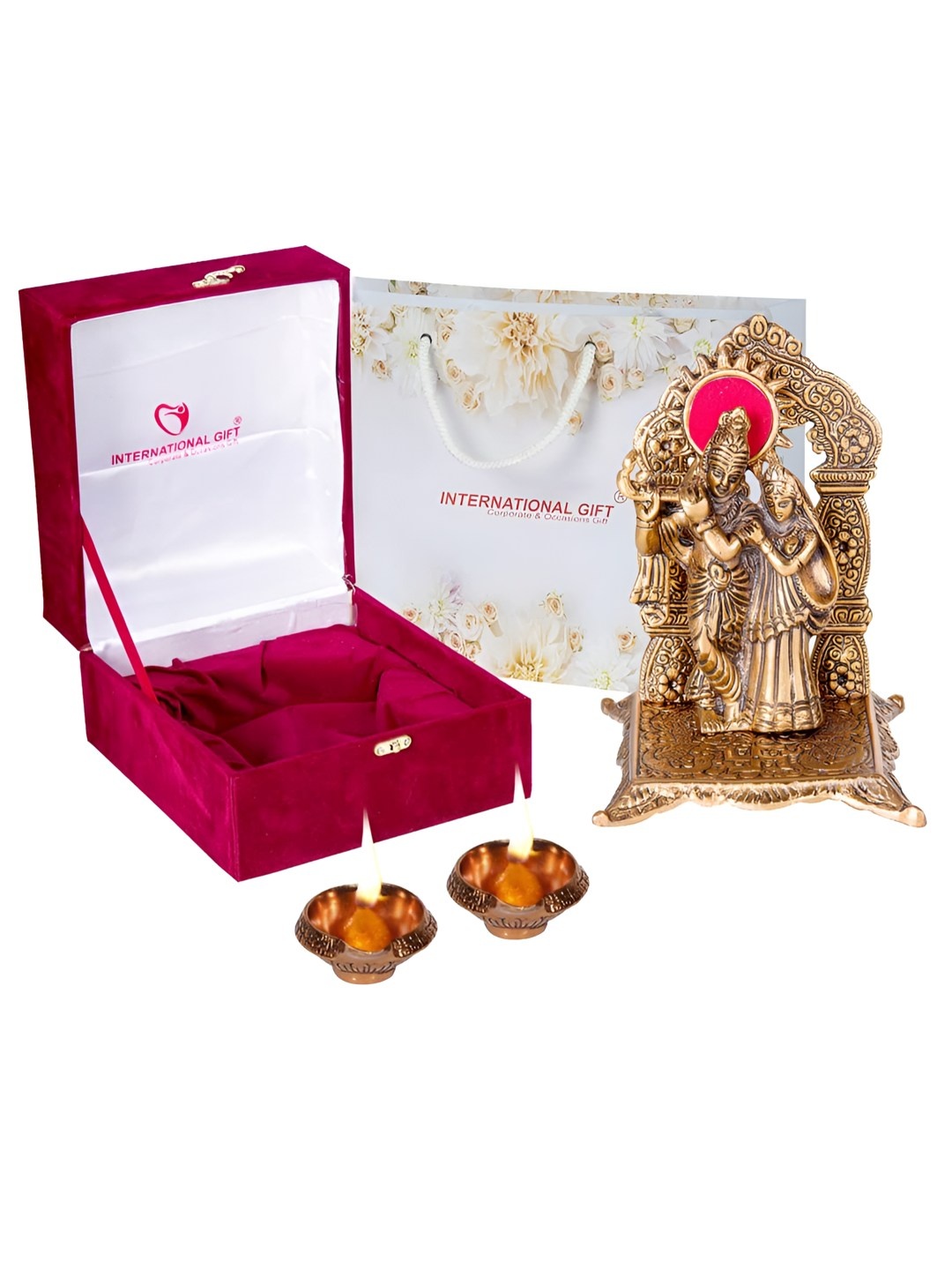 

INTERNATIONAL GIFT Brown Radha Krishna Chowki God Idol Statue With Diya Home Gift Set