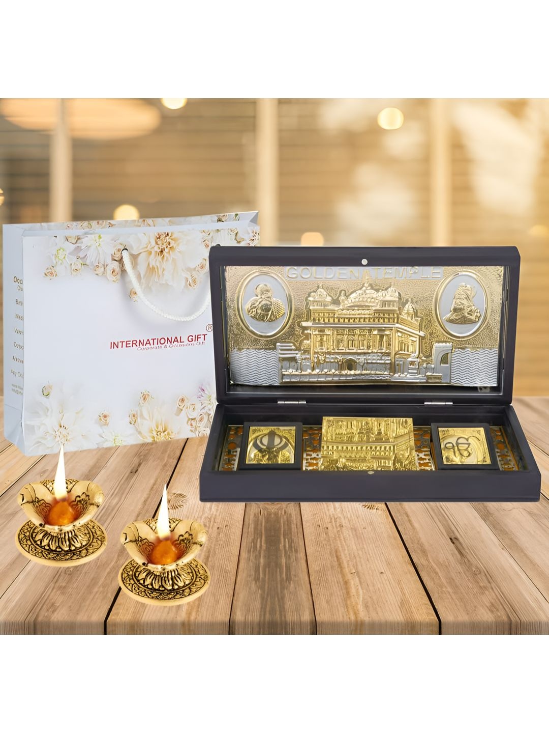 

INTERNATIONAL GIFT Golden Temple Idol With Message Paduka & Diya Gift Set, Gold