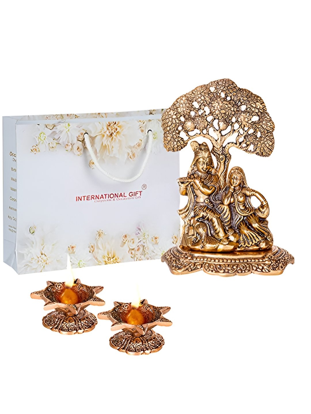 

INTERNATIONAL GIFT Brown Radha Krishna Idol & 2 Pieces Diyas Home Gift Set