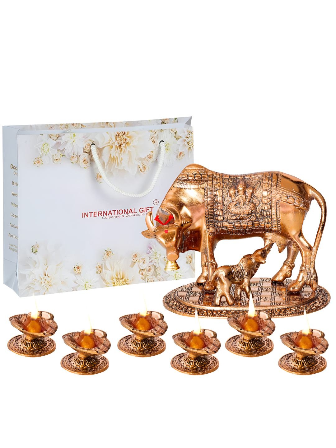 

INTERNATIONAL GIFT Brown Textured Kamdhenu Cow With Calf Statue