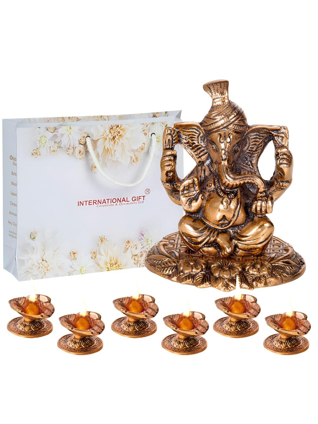 

INTERNATIONAL GIFT Brown Pagdi Ganesh God Idol Statue With Hand Diya Gift Set