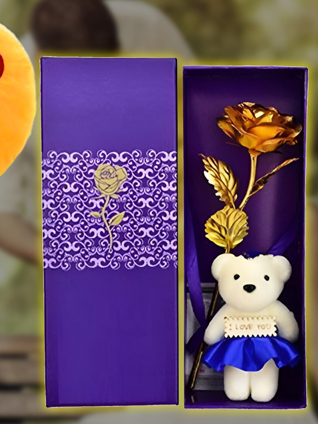 

INTERNATIONAL GIFT Gold Toned & Brown Textured Rose Flower With Teddy & Smiley