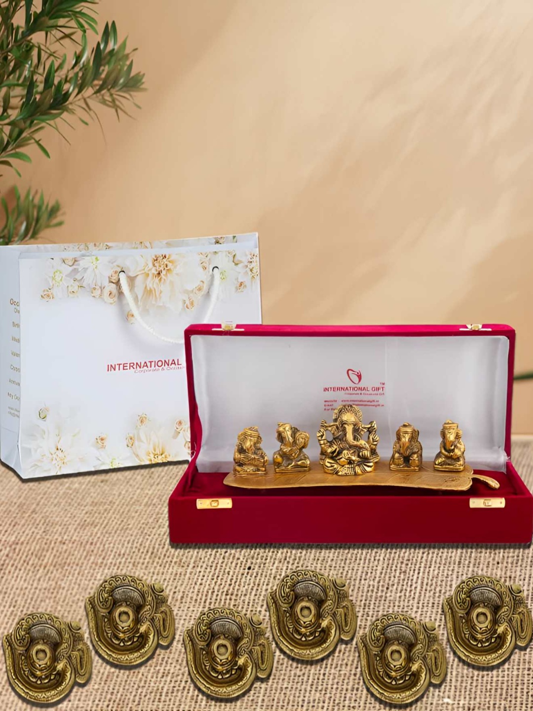 

INTERNATIONAL GIFT Ganesh God Idol Statue With Om Diya, Gold