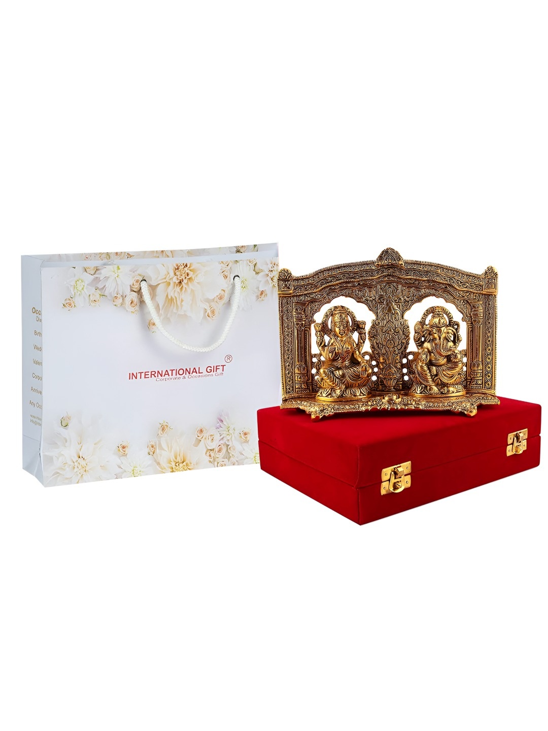 

INTERNATIONAL GIFT Gold-Plated Laxmi Ganesh God Idol Statue With Velvet Box Gift Set