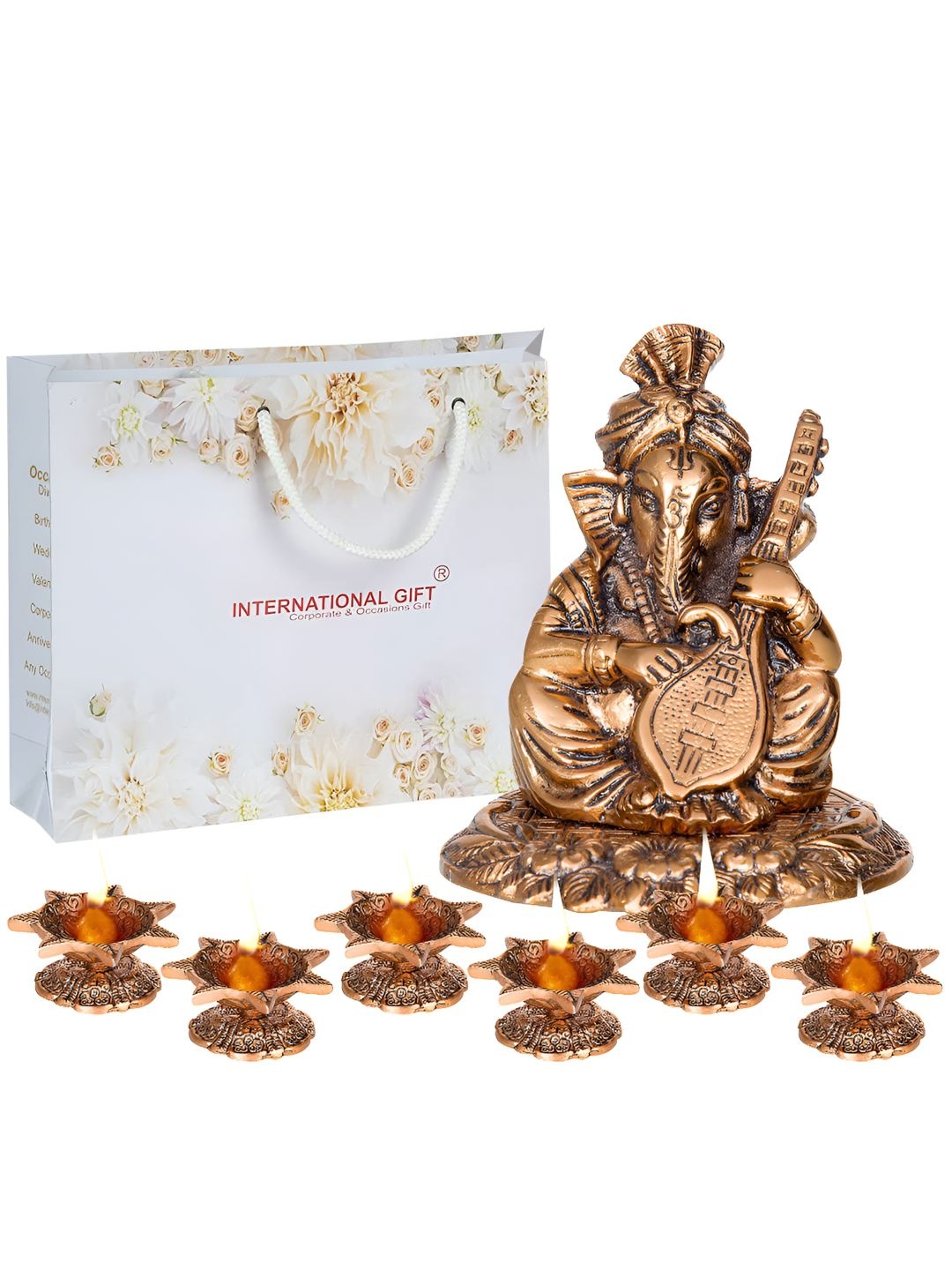 

INTERNATIONAL GIFT Brown Ganesh With Sitar Statue & Diyas Set Gift Box