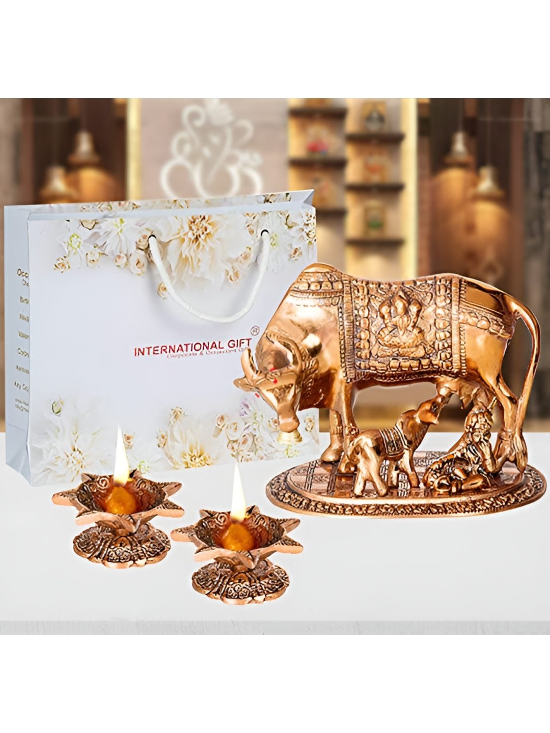 

INTERNATIONAL GIFT 3 Pcs Kamdhenu Cow Statue & Diyas Gift Set, Brown