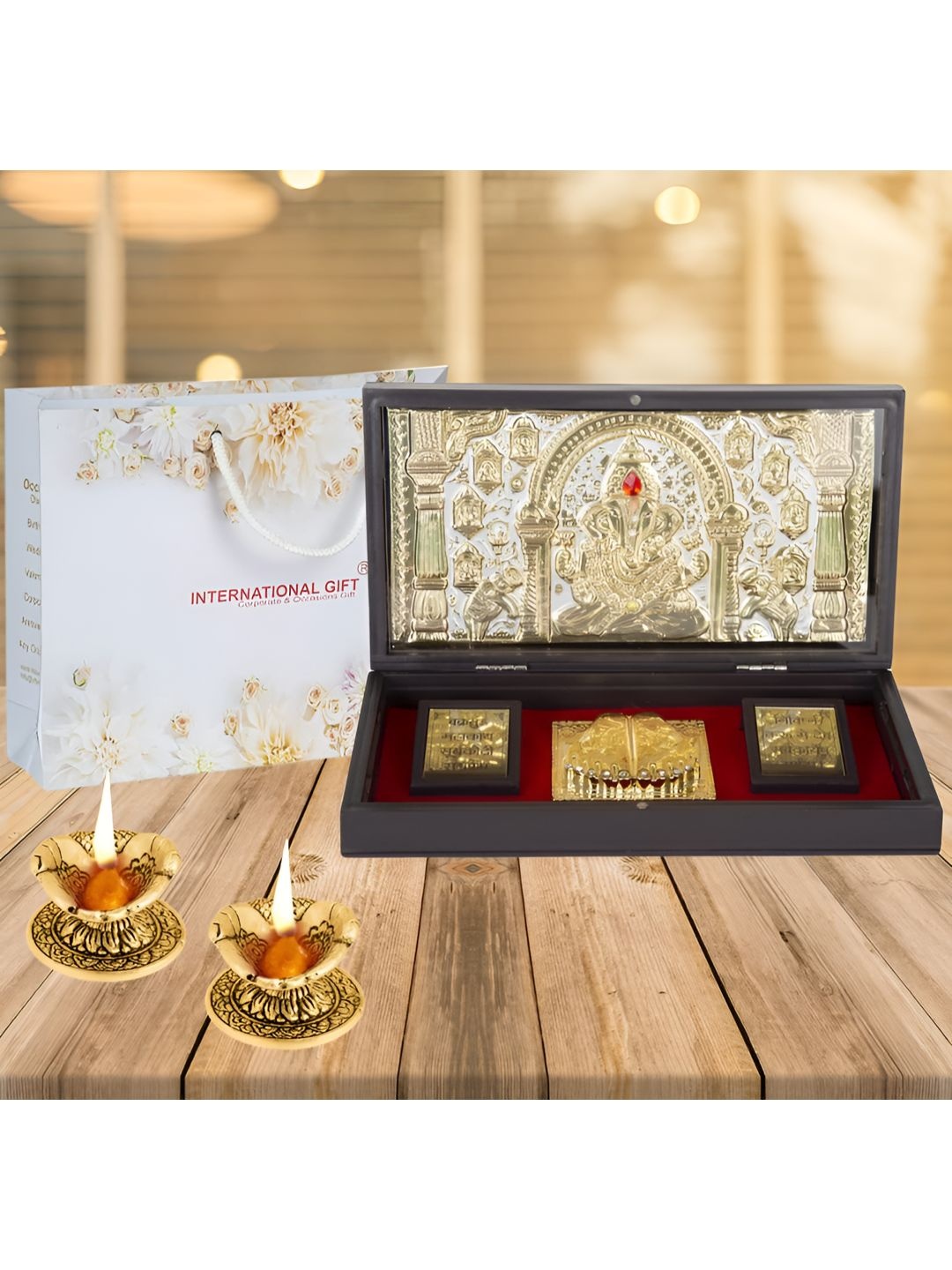 

INTERNATIONAL GIFT Set of 3 Yellow Ganesh God Idol With Charan Paduka, Gold