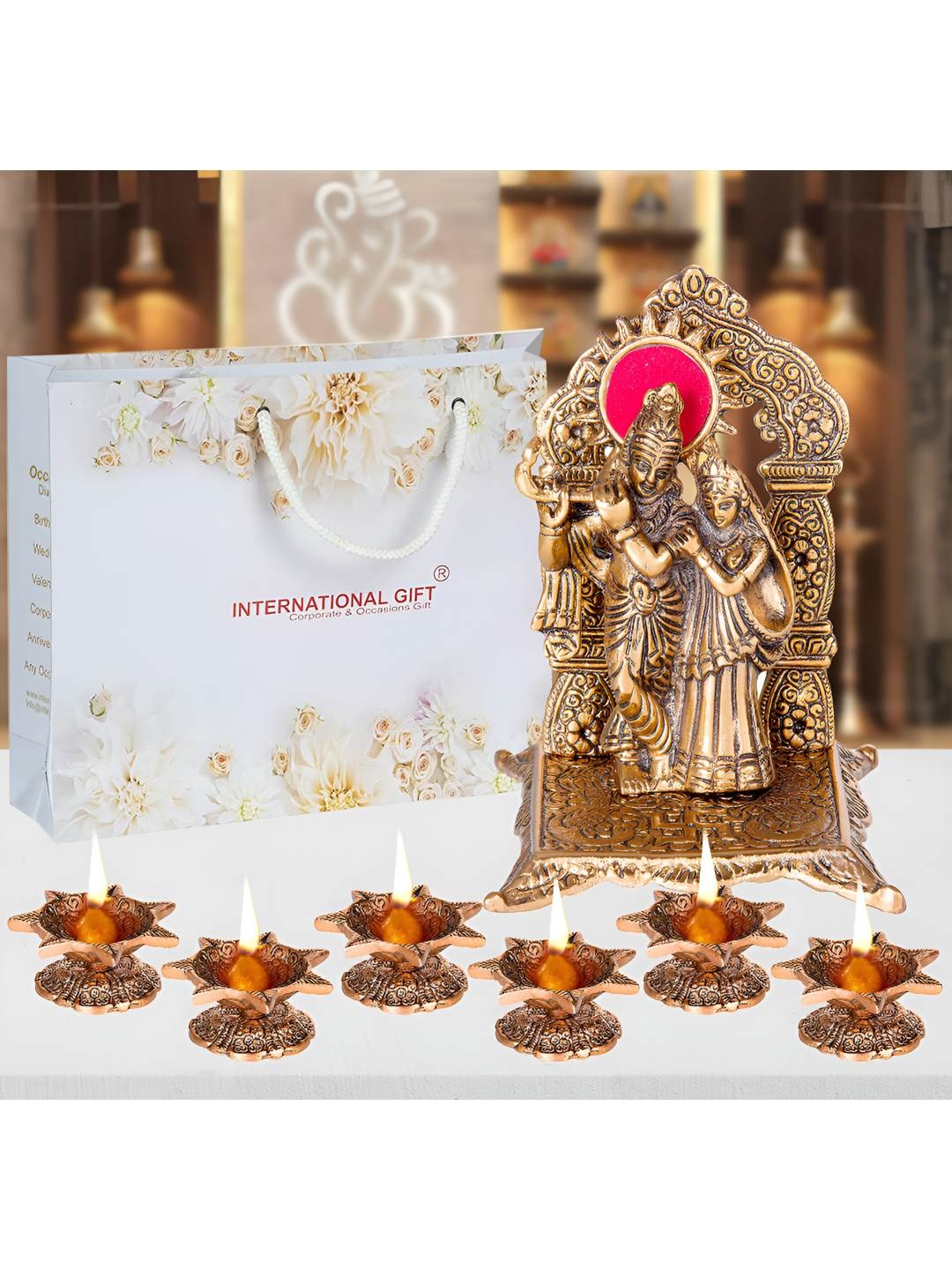 

INTERNATIONAL GIFT Brown 7 Pieces Textured Radha Krishna Statue With Diyas