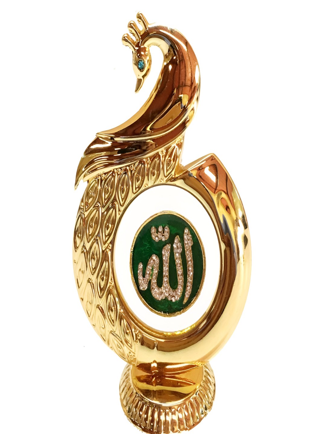 

INTERNATIONAL GIFT Green & Gold-toned Peacock Shape Allah Brass Showpiece