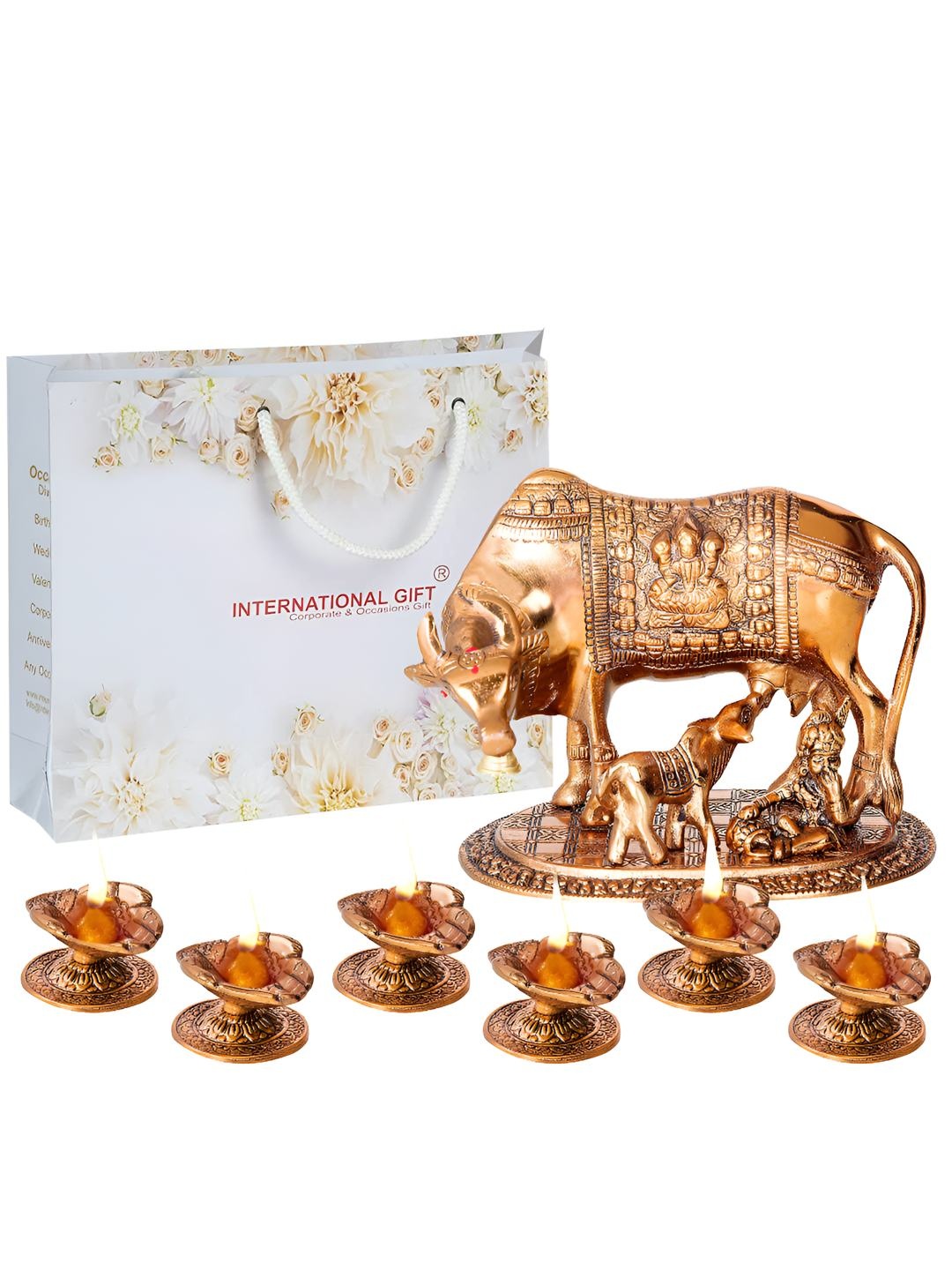 

INTERNATIONAL GIFT Gold Toned & Maroon Kamdhenu Cow With Calf Statue, Brown