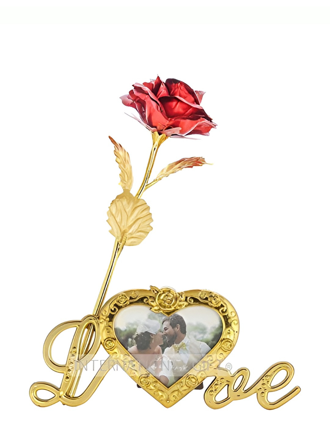 

INTERNATIONAL GIFT Red Textured Rose Flower With Leaf With Heart Photo Frame Gift Set