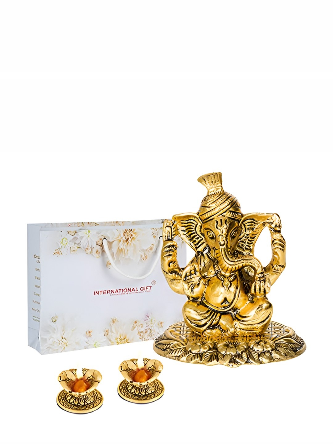 

INTERNATIONAL GIFT Golden Pagdi Ganesh God Idol Statue With Hand Diya Home Gift Set, Gold