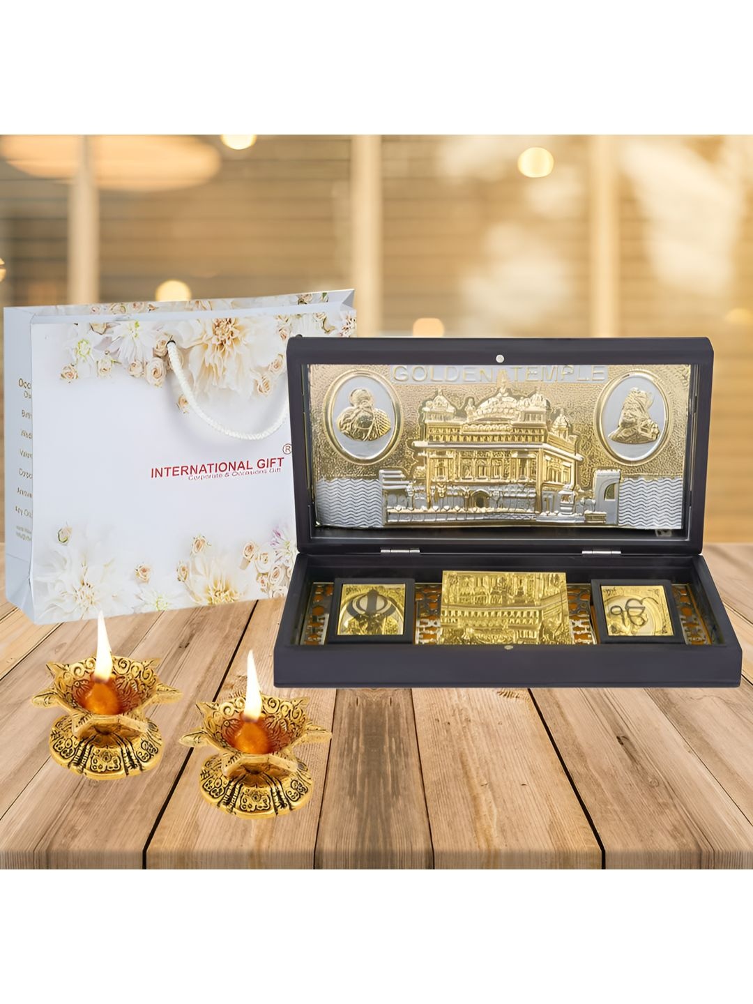 

INTERNATIONAL GIFT Golden Coated Temple God Idol With Message Paduka Gift Set, Gold