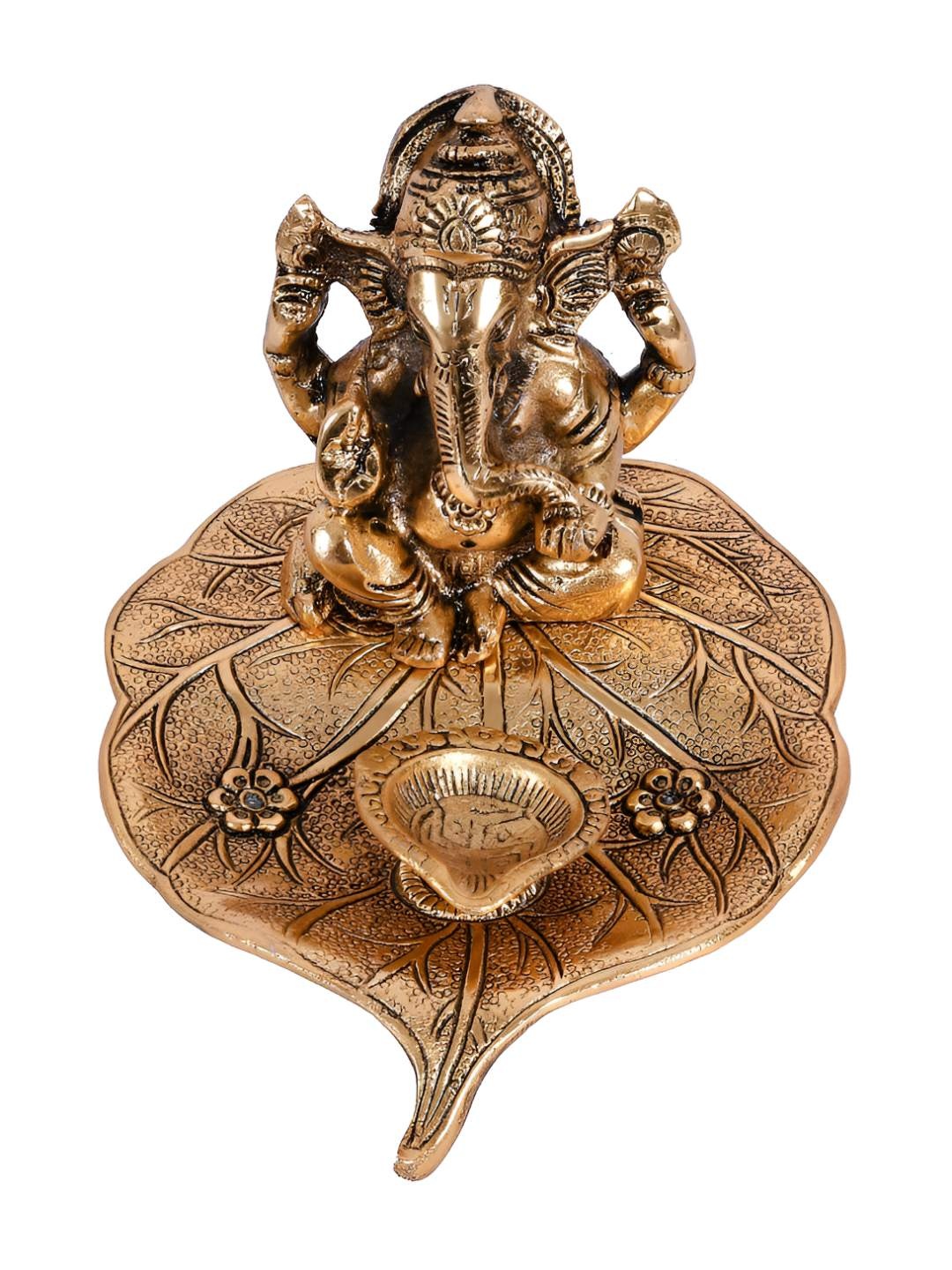 

INTERNATIONAL GIFT Golden Leaf Ganesha Idol With Velvet Box Gift Set, Gold
