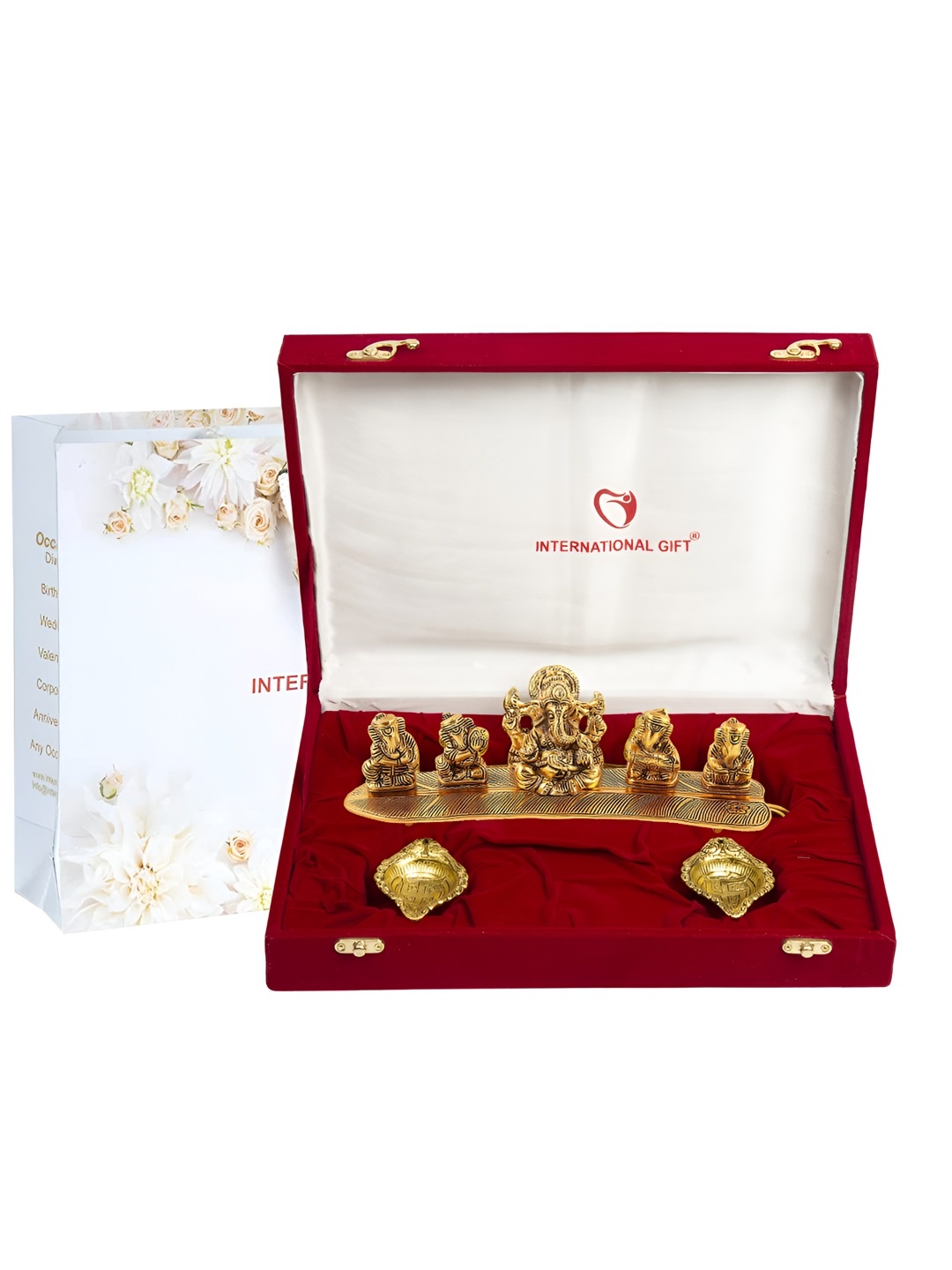 

INTERNATIONAL GIFT 3 Pcs Golden Ganesh God Idol Statue With Swastik Diya Gift Set, Gold