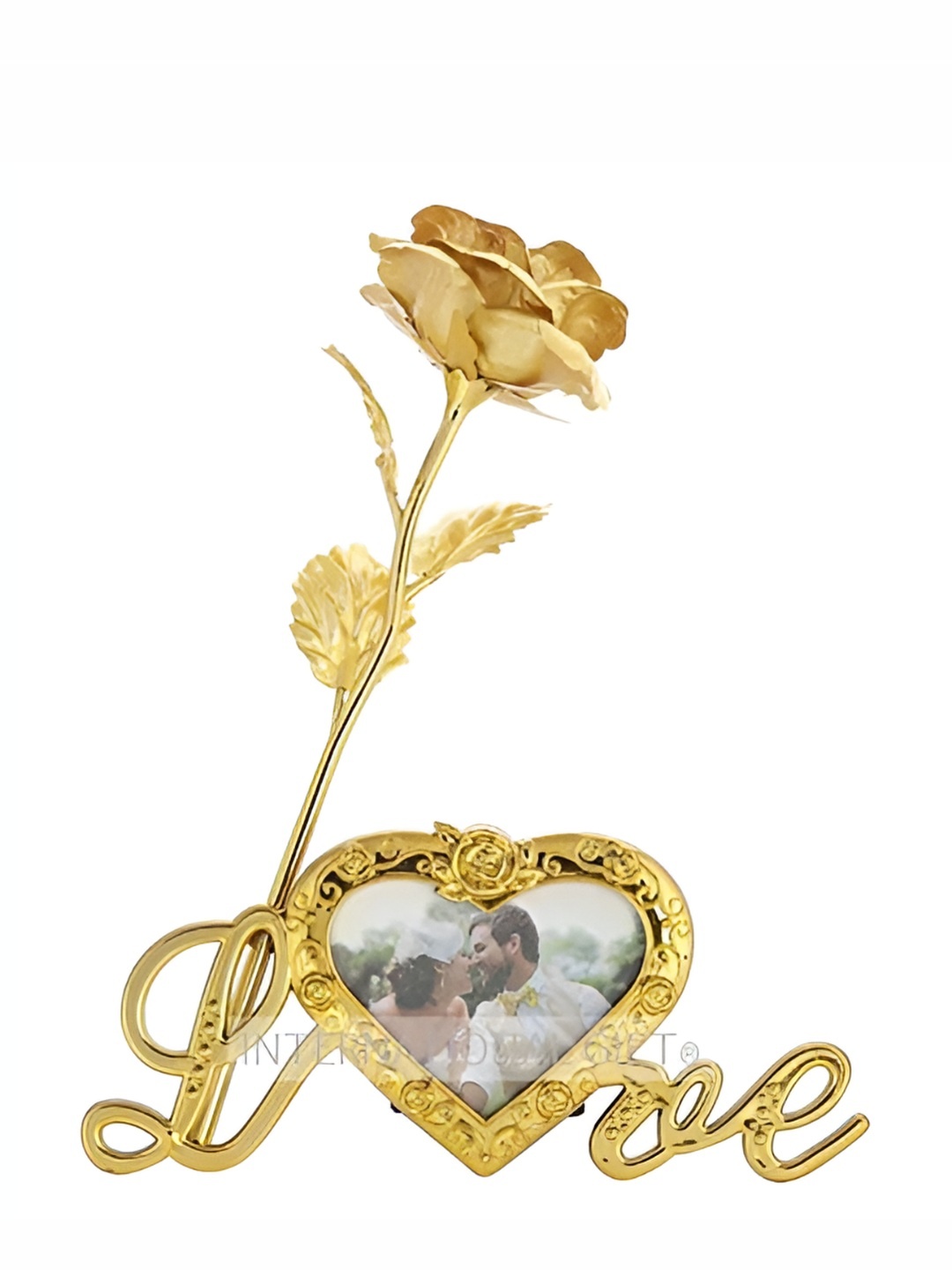 

INTERNATIONAL GIFT Golden Rose Flower With Leaf With Heart Photo Frame, Gold