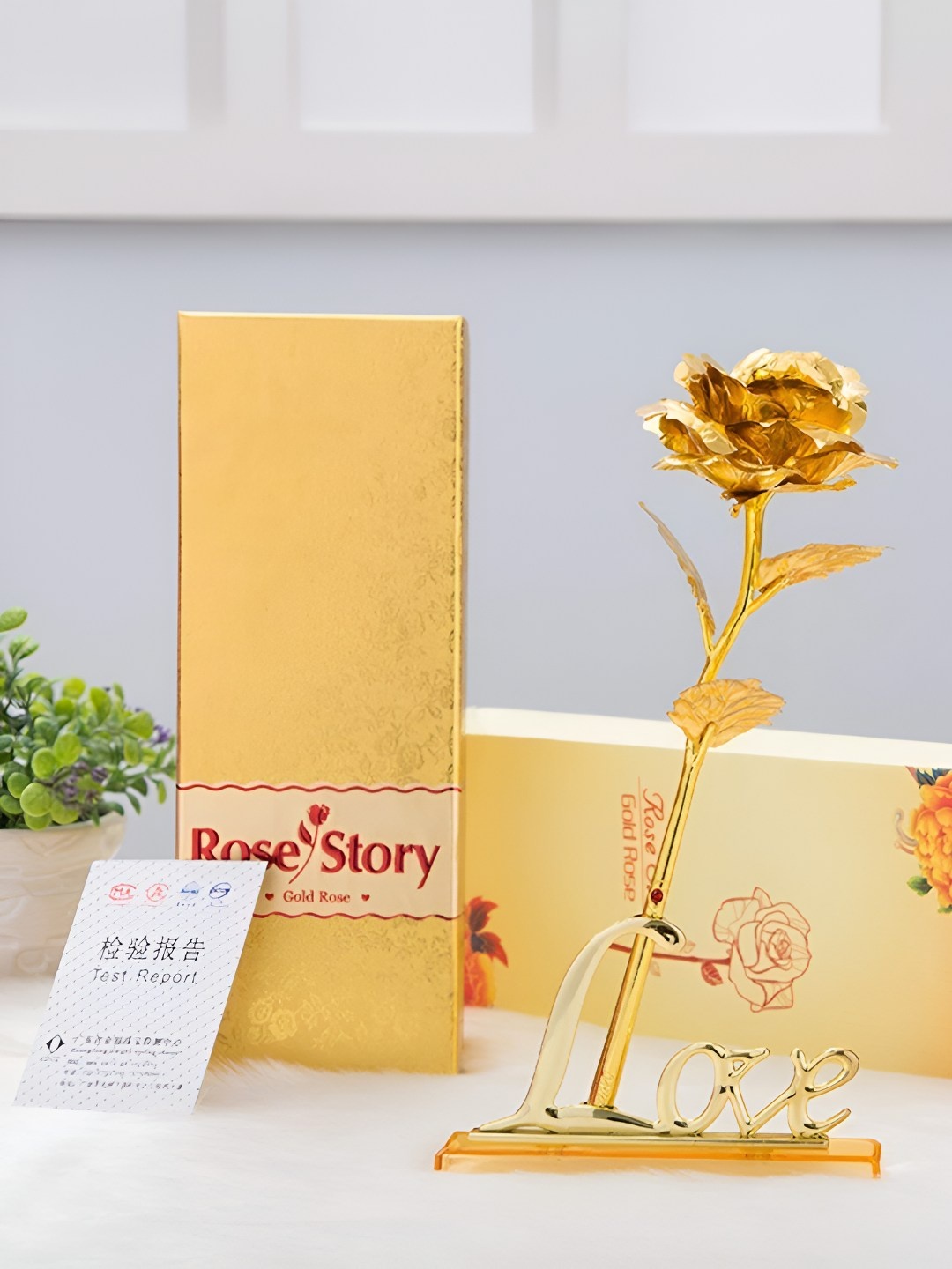 

INTERNATIONAL GIFT Yellow Rose Flower With Leaf, Gold