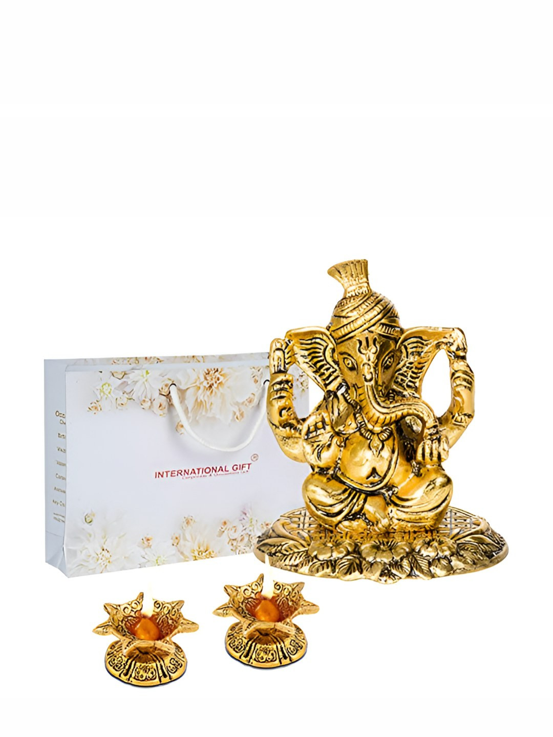 

INTERNATIONAL GIFT Set of 3 Ganesh God Idol & Jyot Gift Set, Gold