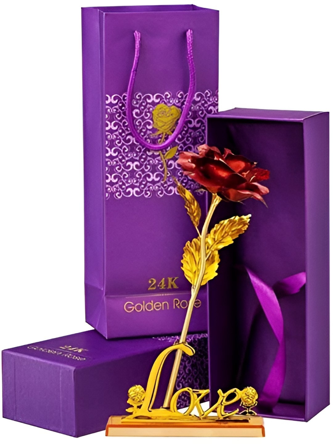 

INTERNATIONAL GIFT Gold Toned Red Rose Flower With Love Stand And Gift Box