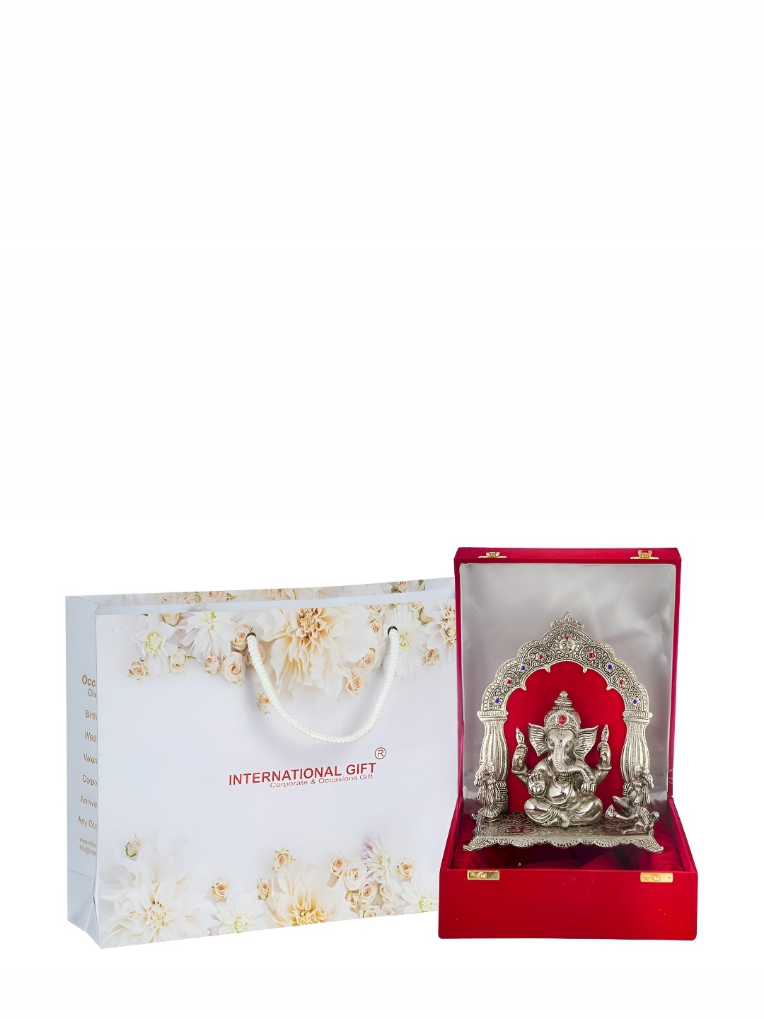 

INTERNATIONAL GIFT Silver Toned Ganesh Idol With Velvet Box Gift Set