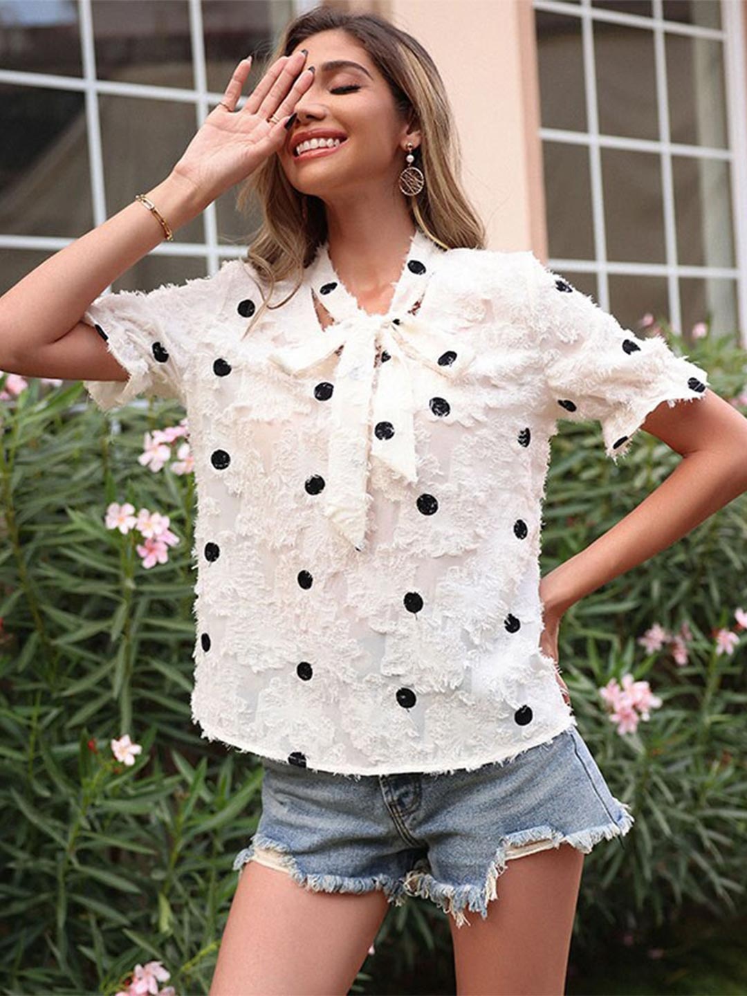 

StyleCast White Polka Dot Printed Tie-Up Neck Bell Sleeve Fringed Top
