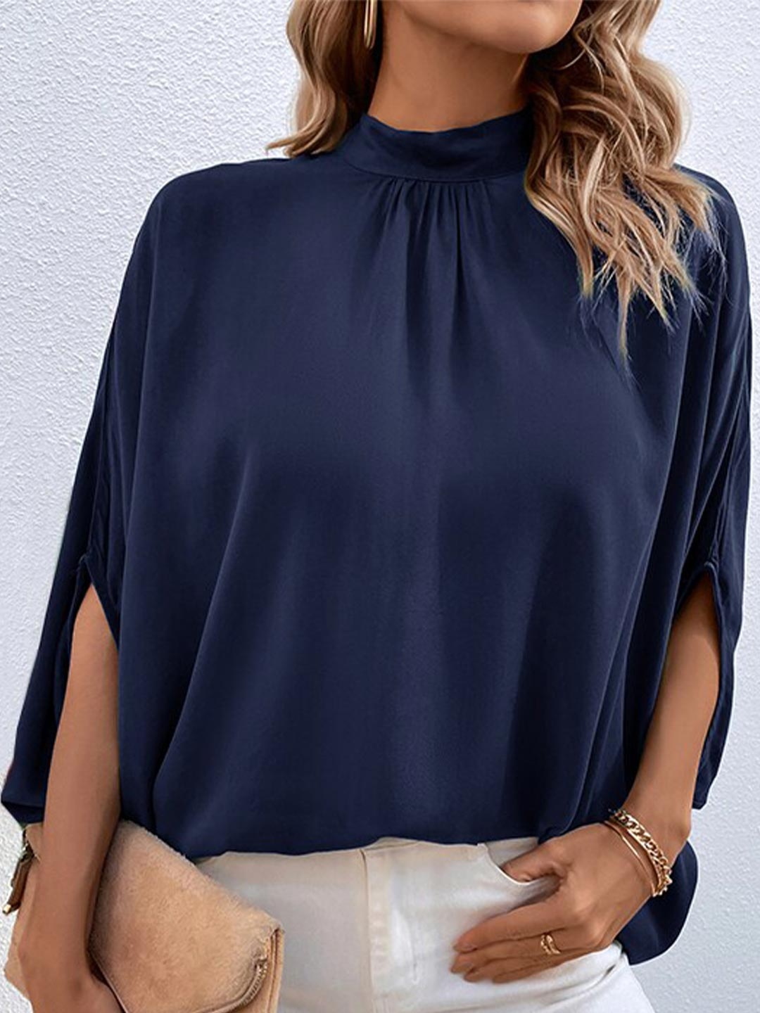 

StyleCast Navy Blue Halter Neck Extended Sleeves Top