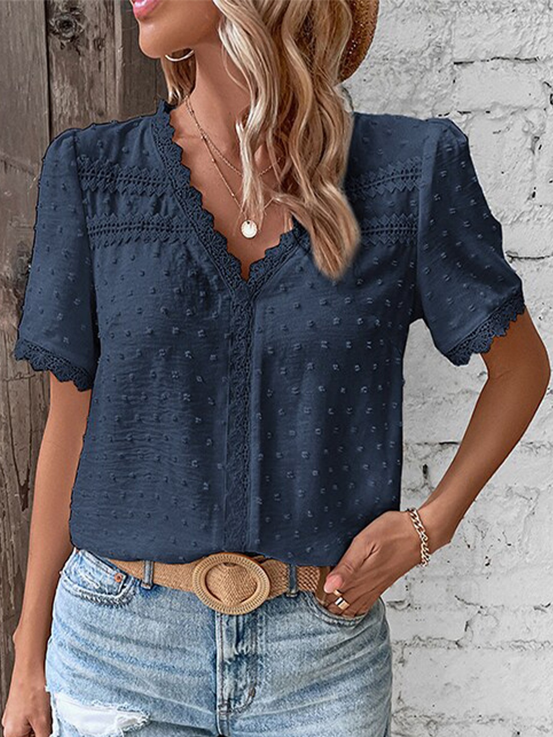 

StyleCast Navy Blue Self Design Puffed Sleeves Lace Inserts Top
