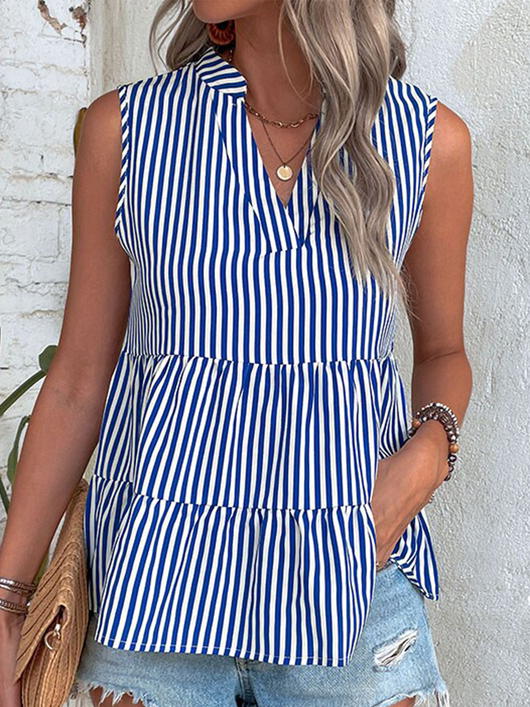 

StyleCast Blue Vertical Striped Mandarin Collar Tiered Top