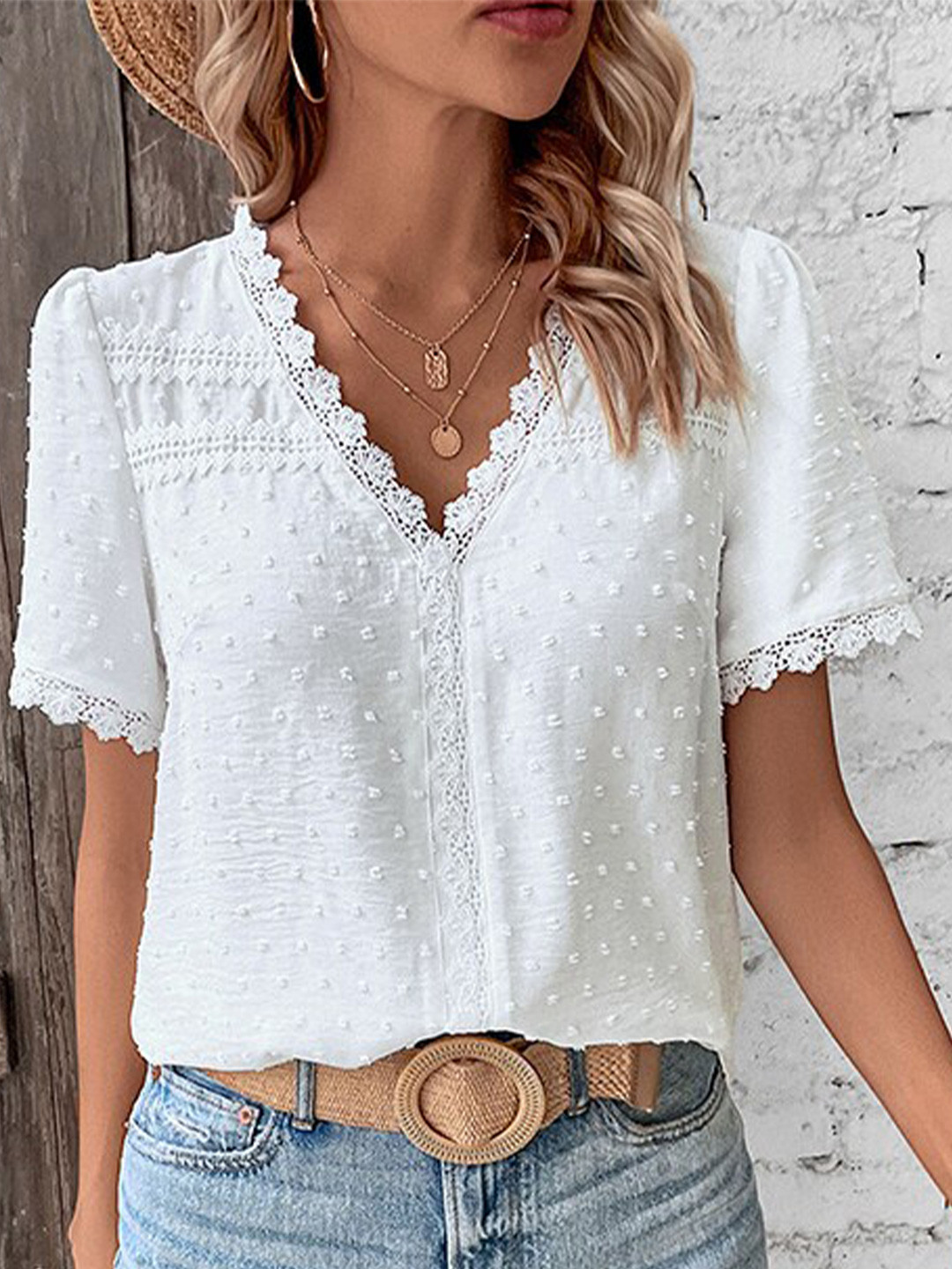 

StyleCast Self Design V-Neck Lace Detail Dobby Woven Top, White