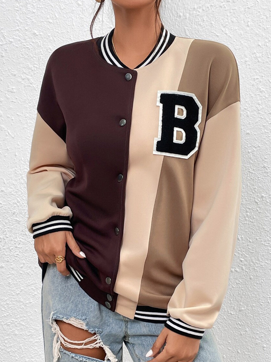 

StyleCast Khaki Colourblocked Stand Collar Long Sleeve Varsity Jacket